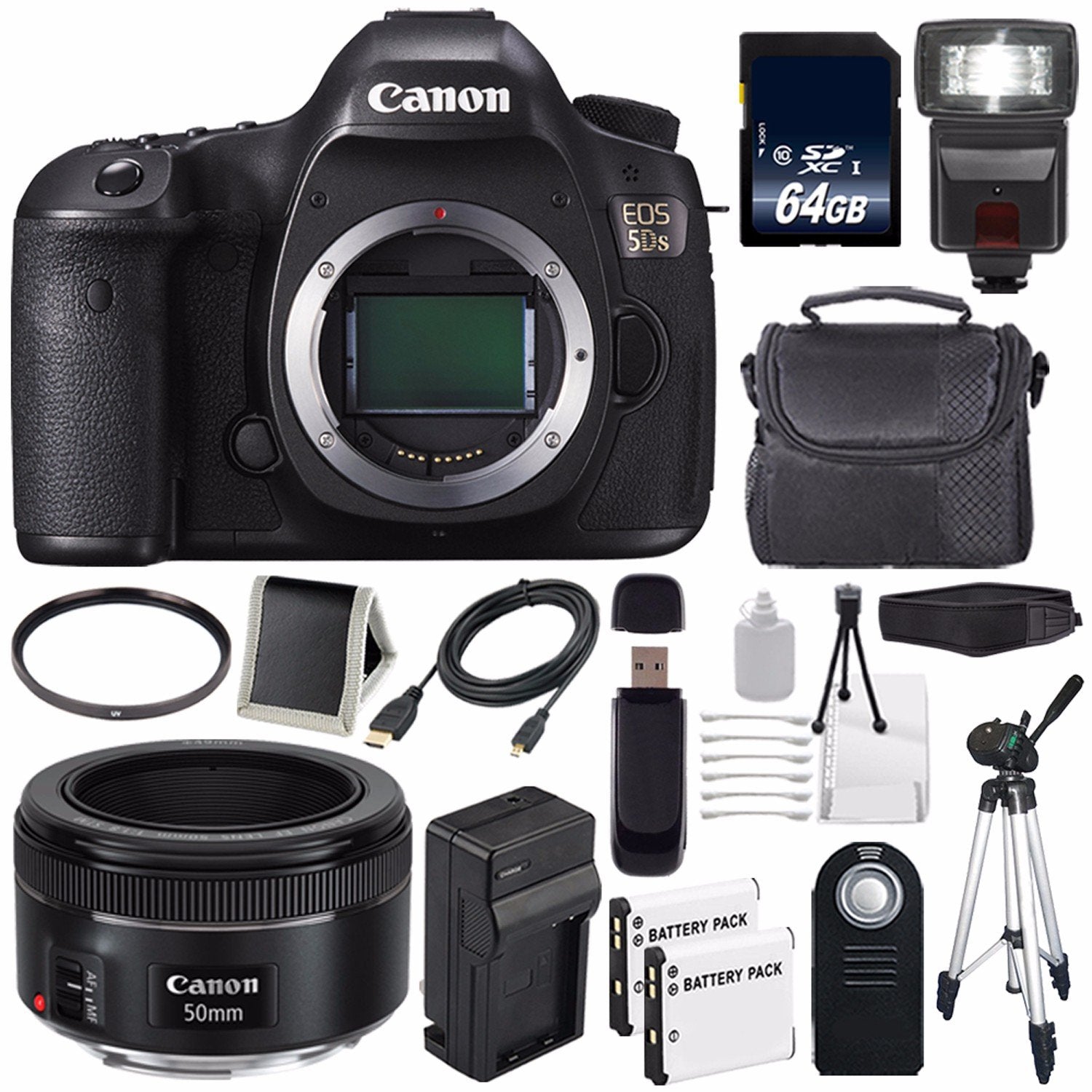 Canon EOS 5DS DSLR Camera (International Model) 0581C002 + Canon EF 50mm f/1.8 STM Lens + LP-E6 Battery + 64GB Memory Ca