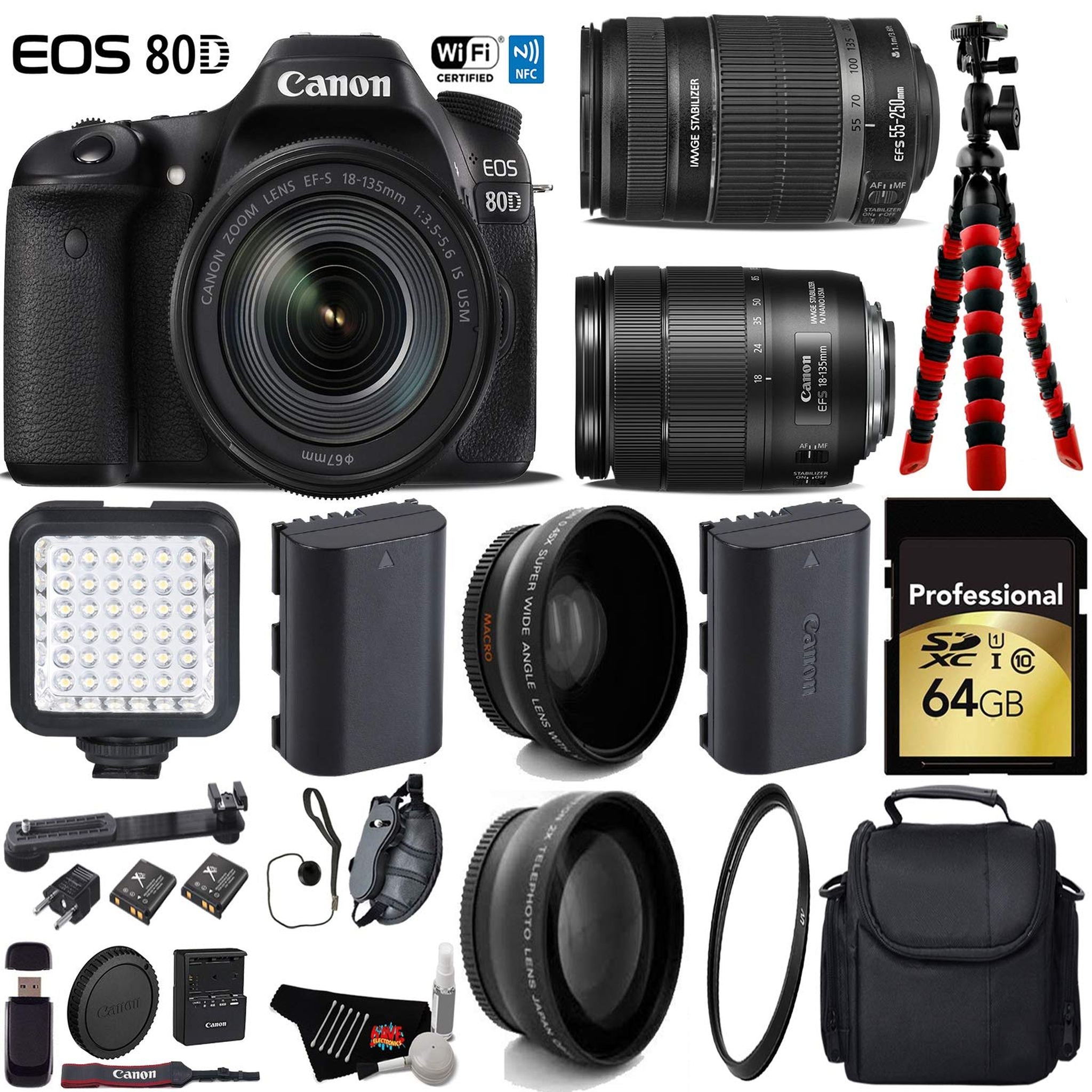 Canon EOS 80D DSLR Camera with 18-135mm is STM Lens & 55-250mm is II Lens + LED + UV FLD CPL Filter Kit + Wide Angle & T Canon