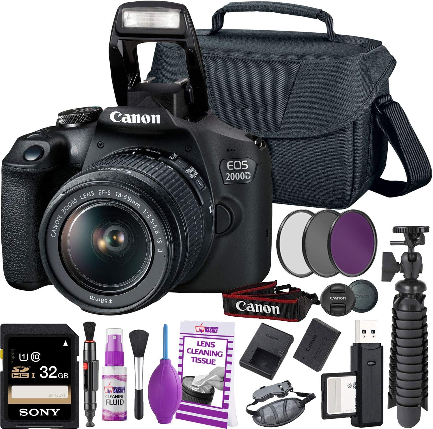 Canon Rebel T7 DSLR Camera (2000D) with EF-S 18-55 mm f/3.5-5.6 Lens + 32GB Memory Card + Camera Bag + Cleaning Kit + Table Tripod + Filters