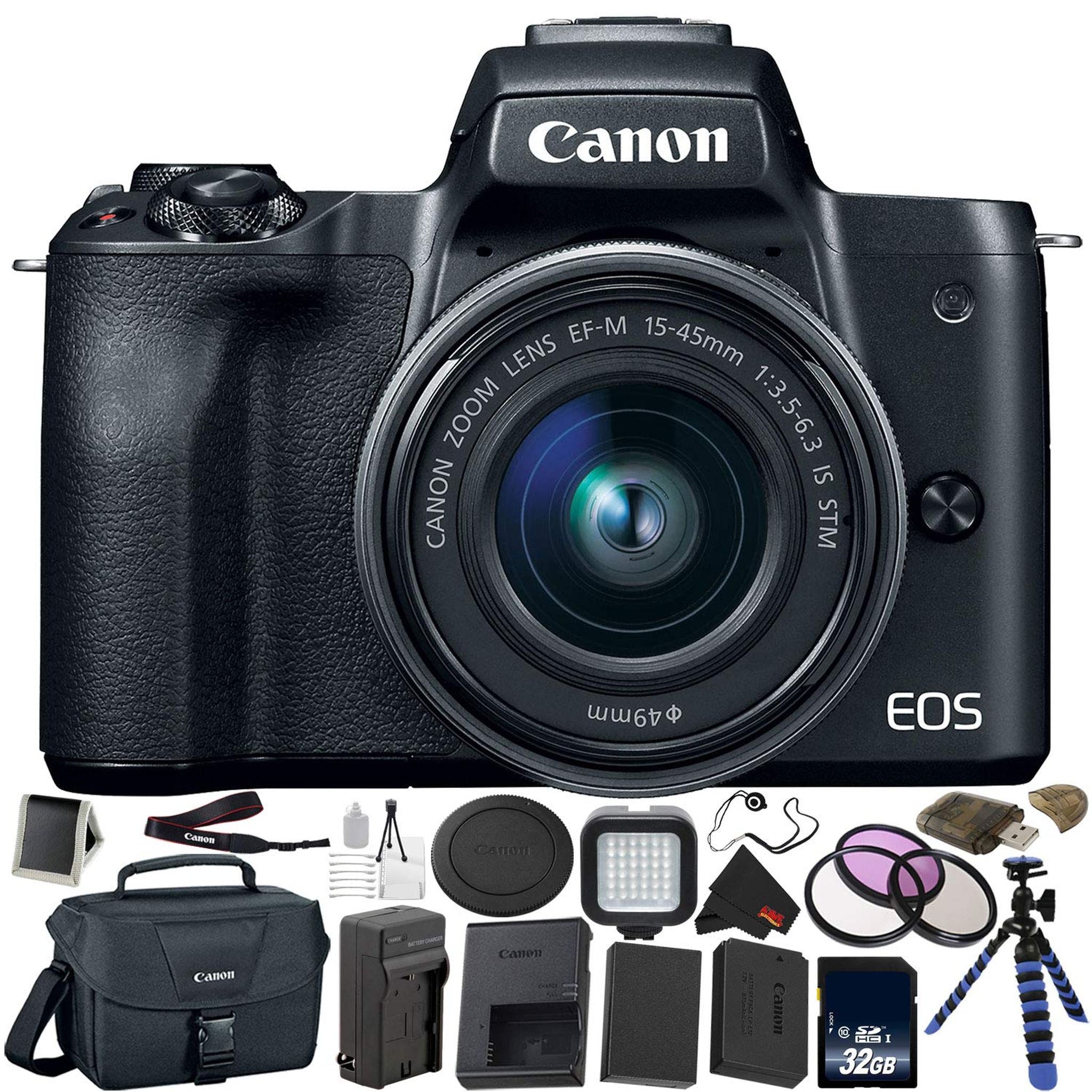 Canon EOS M50 Mirrorless Digital Camera with 15-45mm Lens Bundle with 32GB Memory Card + Tripod + Spare Battery + LED Light + More - Intl Model Canon