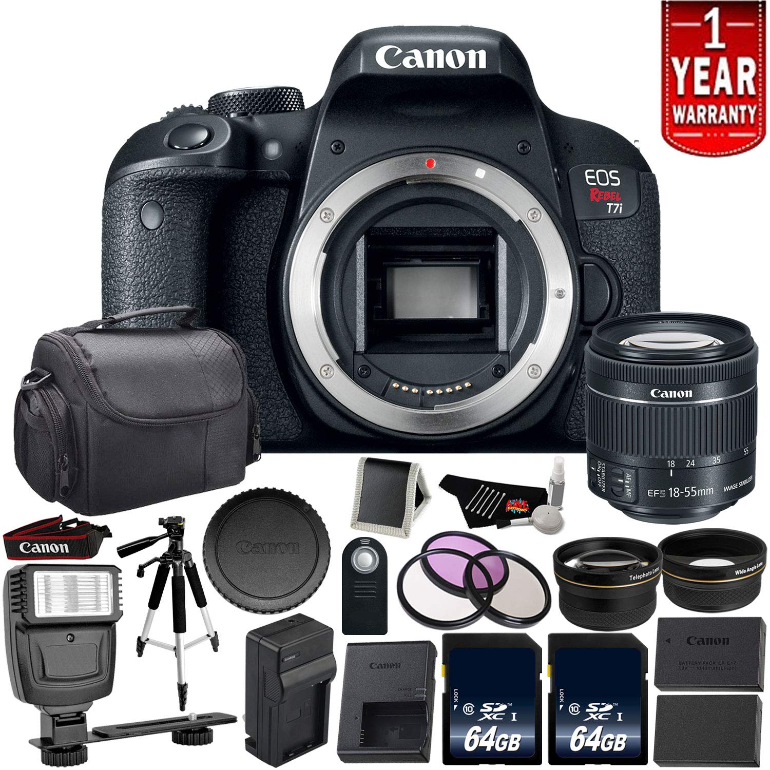 Canon EOS Rebel T7i Digital SLR Camera with 18-55mm Lens 1894C002 - Bundle with 2X 64GB Memory Cards + 1x 64GB Memory Ca