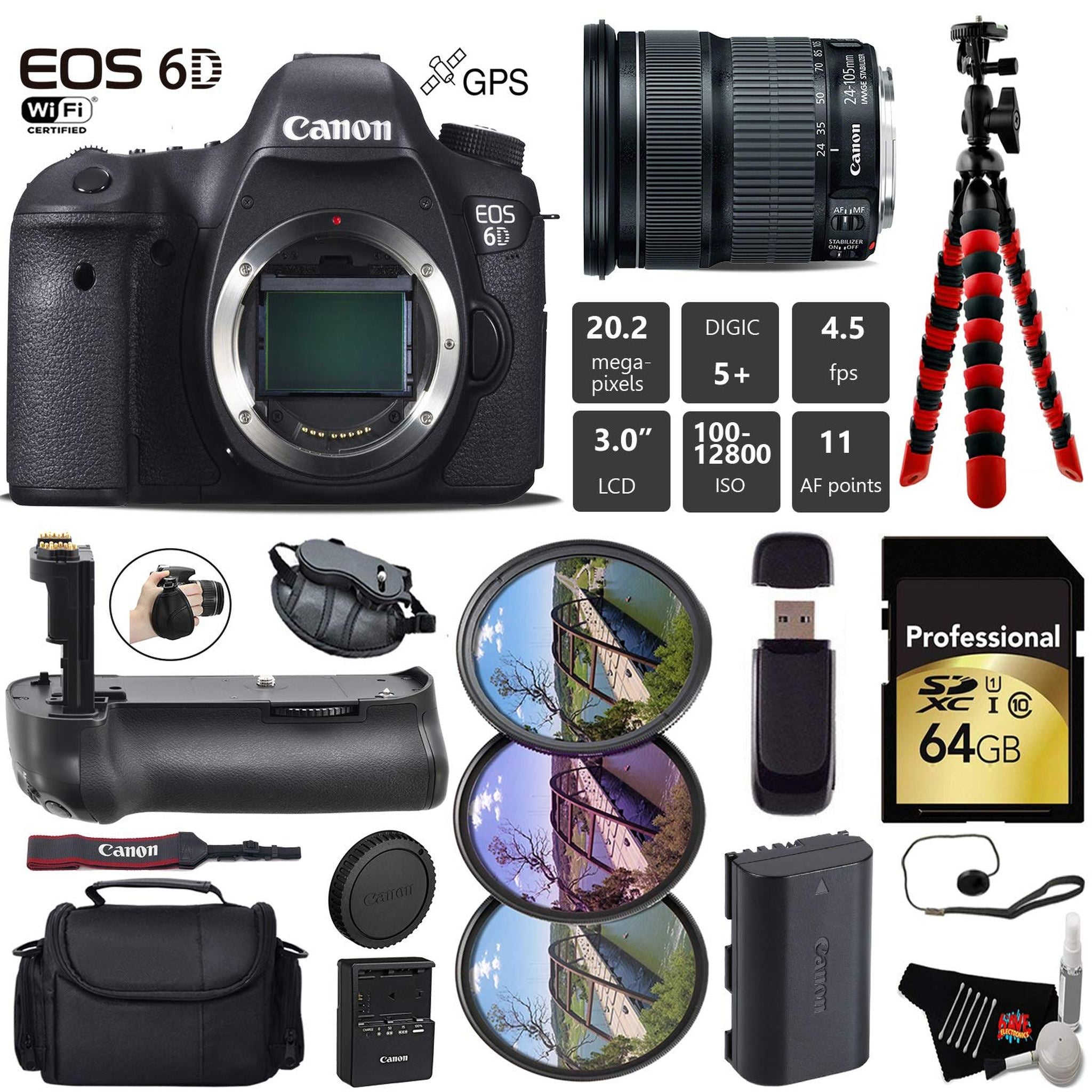 Canon EOS 6D DSLR Camera with 24-105mm is STM Lens + Professional Battery Grip + UV FLD CPL Filter Kit + Case + Wrist St Canon
