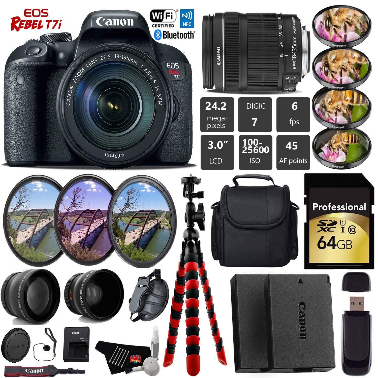 Canon EOS Rebel T7i DSLR Camera with 18-135mm is STM Lens + UV FLD CPL Filter Kit + 4 PC Macro Kit + Wide Angle & Teleph