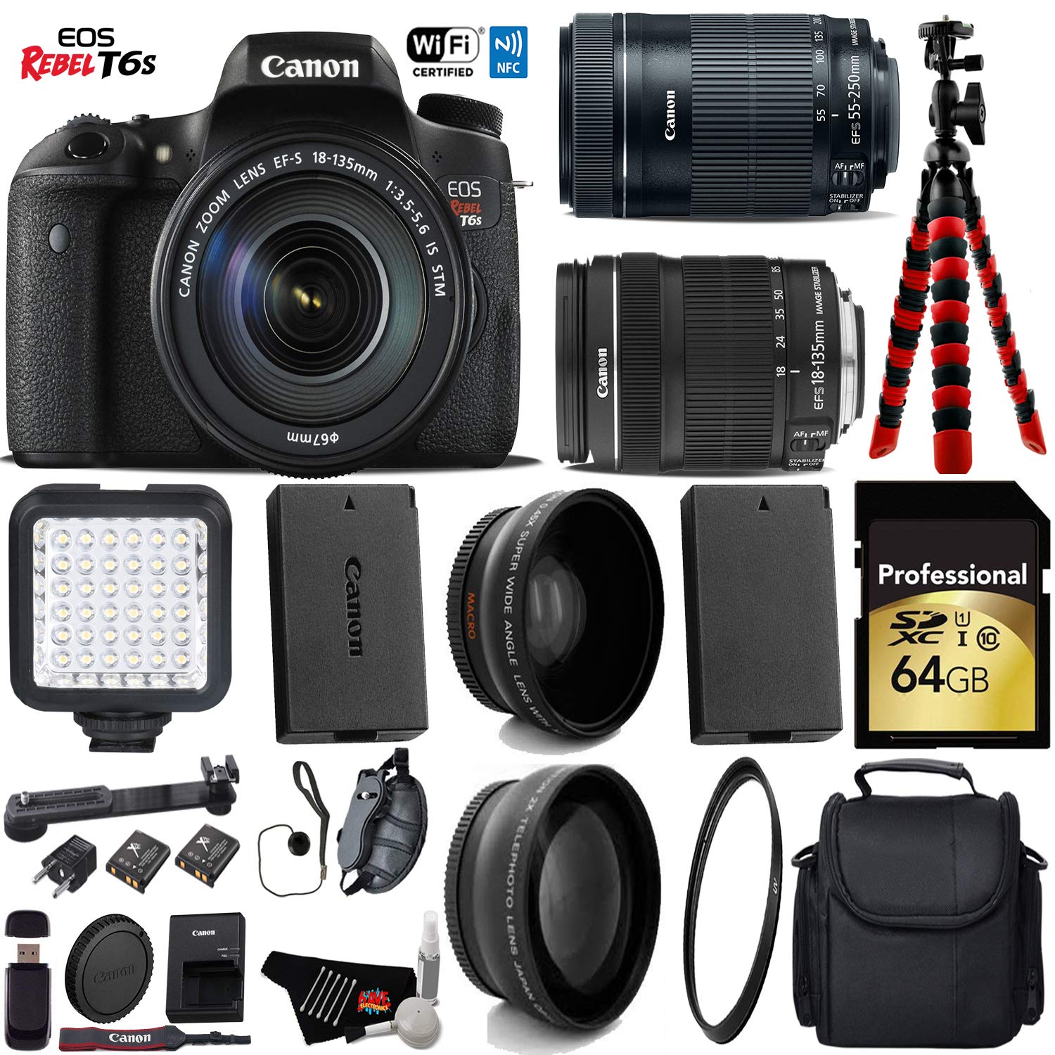 Canon EOS Rebel T6S DSLR Camera with 18-135mm STM Lens & 55-250mm is STM Lens + LED + UV FLD CPL Filter Kit Supreme Bundle