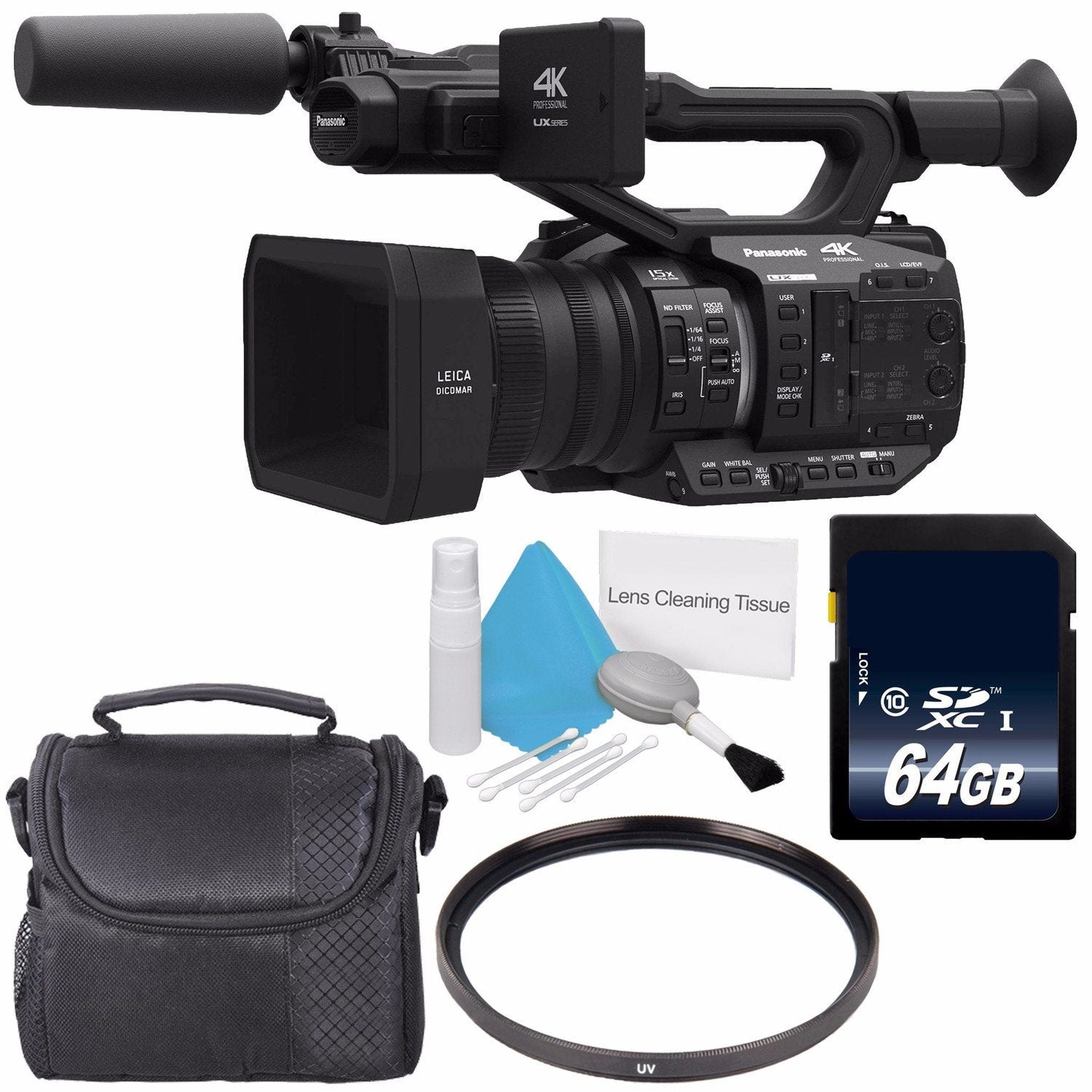 Panasonic AG-UX90 4K/HD Professional Camcorder + 64GB Memory Card + 67mm UV Filter + Deluxe Cleaning Kit + Carrying Case