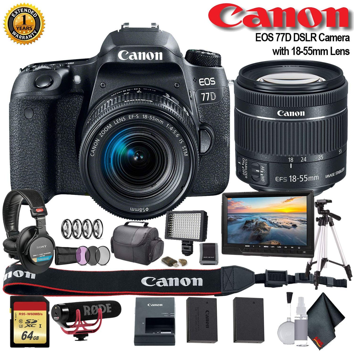 Canon EOS 77D DSLR Camera with 18-55mm Lens International Model 1892C016 W/Bag, Extra Battery, LED Light, Mic, Filte