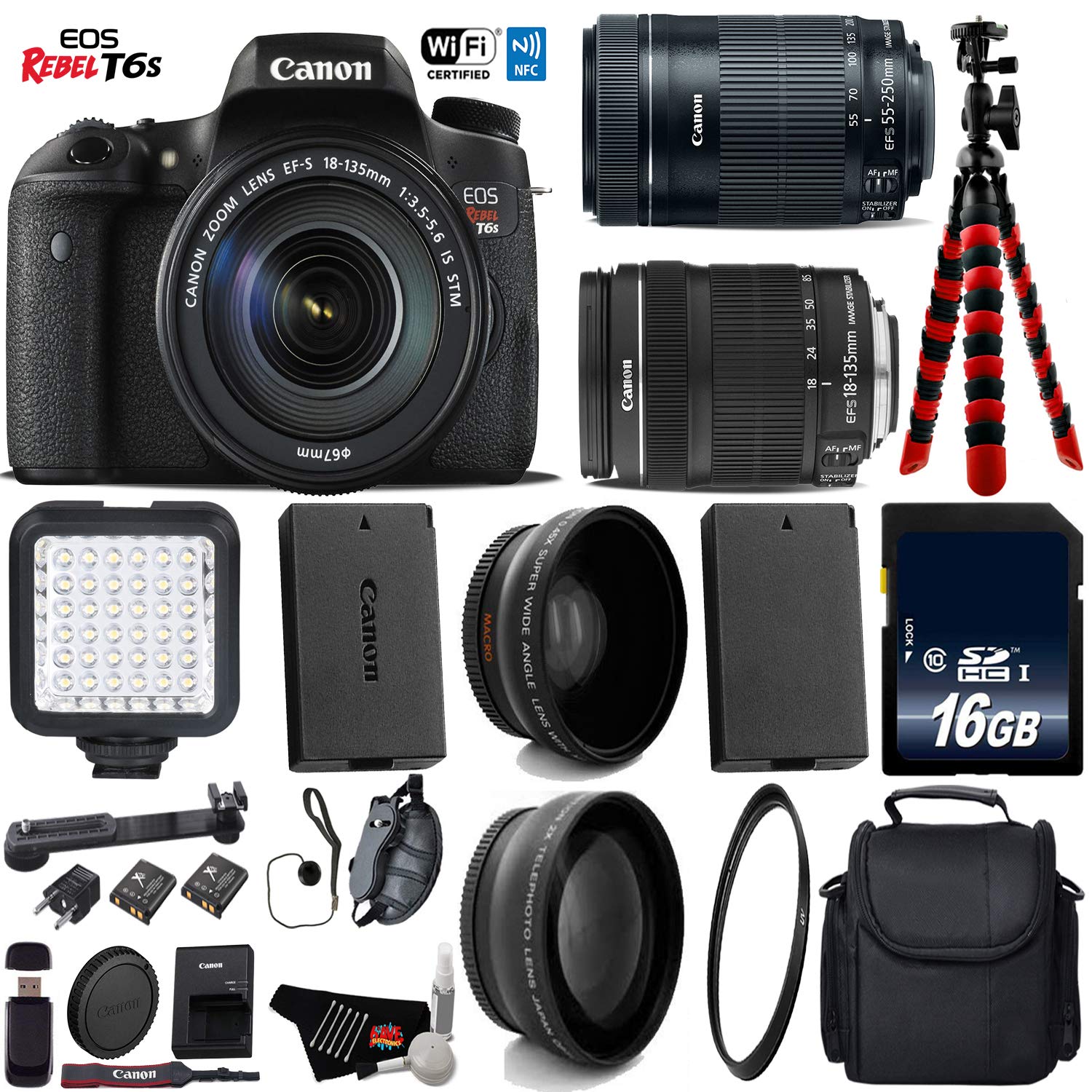 Canon EOS Rebel T6S DSLR Camera with 18-135mm STM Lens & 55-250mm is STM Lens + LED + UV FLD CPL Filter Kit Advanced Bundle