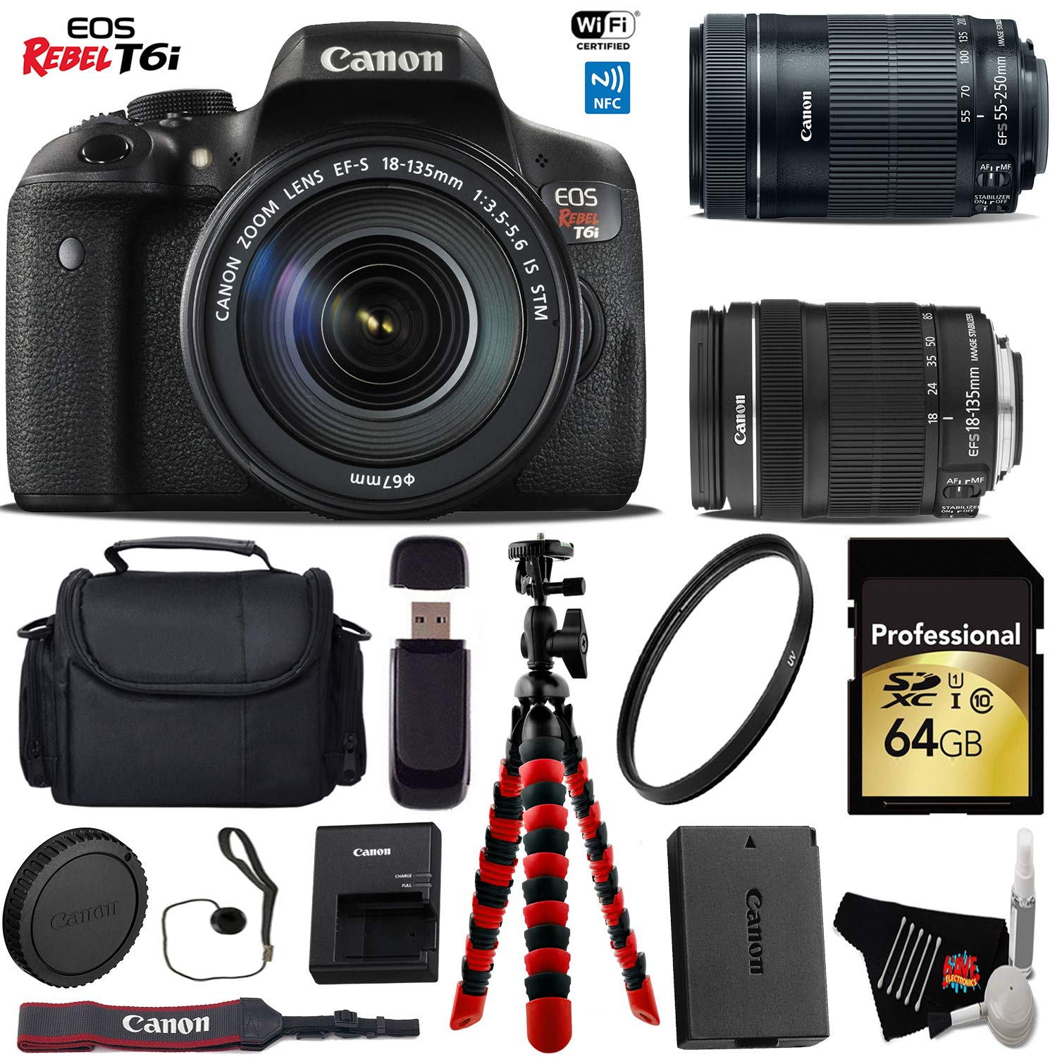 Canon EOS Rebel T6i DSLR Camera with 18-135mm is STM Lens & 55-250mm is STM Lens + Flexible Tripod + UV Protection Filte