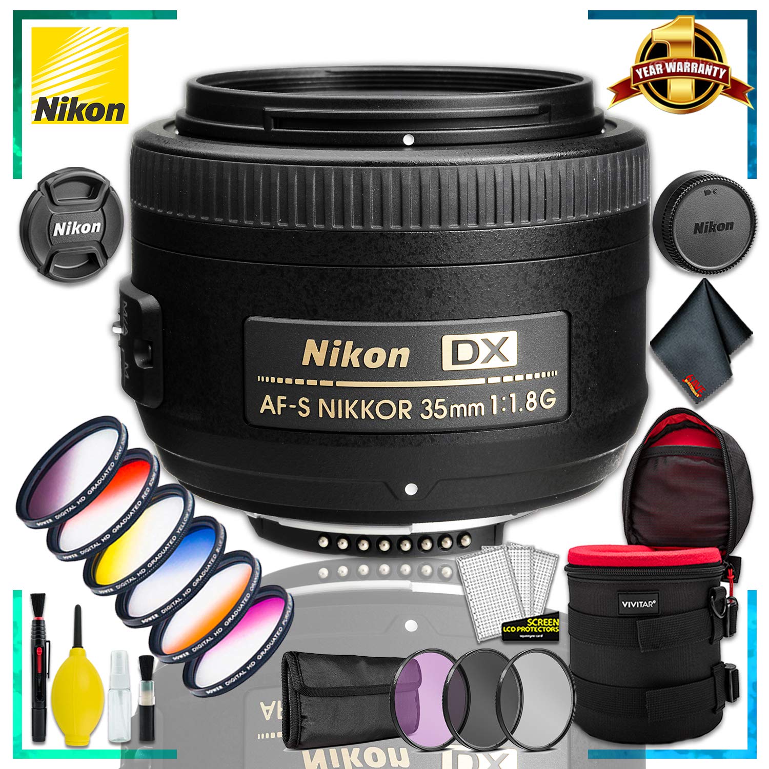 Nikon AF-S DX NIKKOR 35mm f/1.8G Lens + 4.5 inch Vivitar Premium Lens Case + Vivitar Graduated Color Filter Kit + 3pcs UV Lens Filter Kit + Cleaning Kit