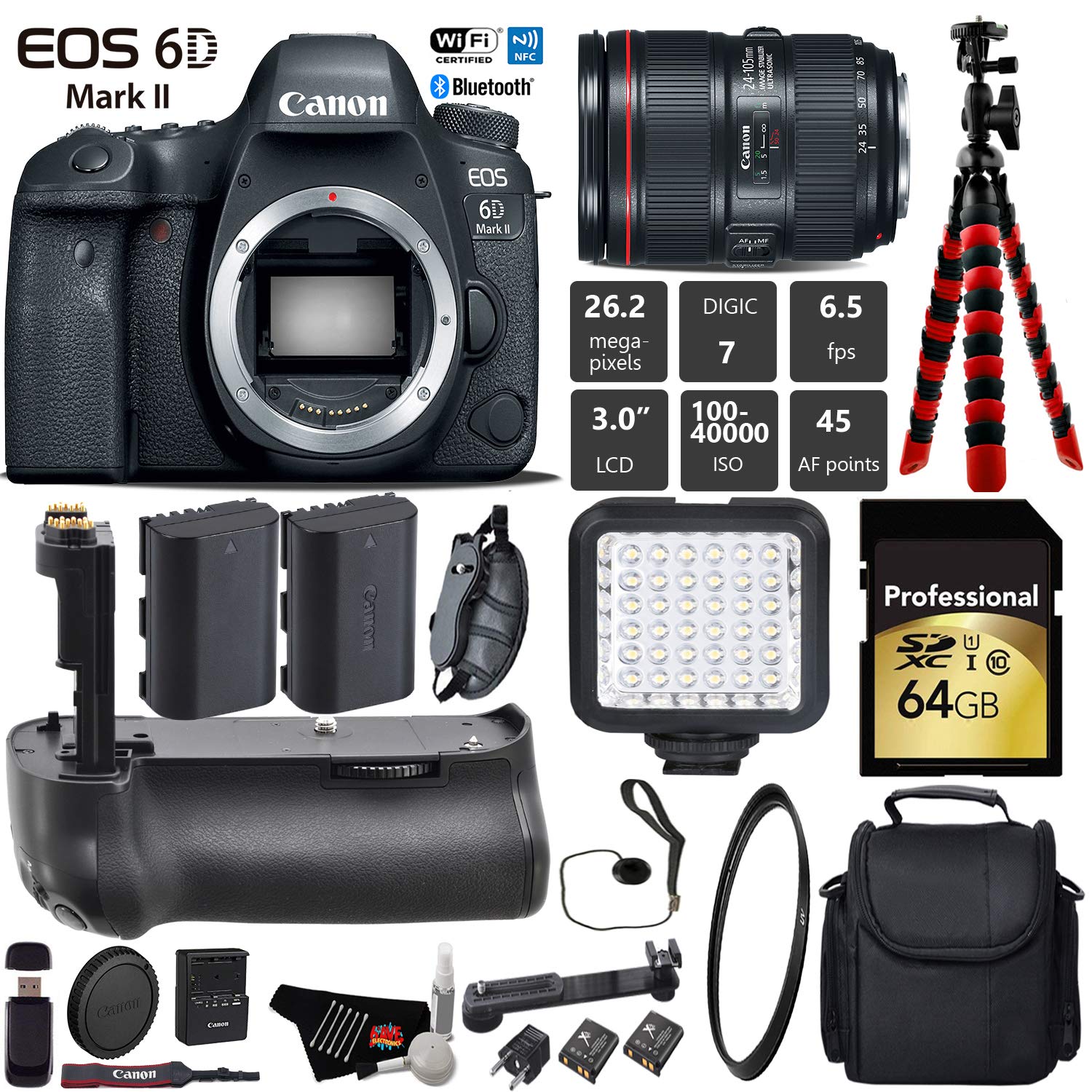 Canon EOS 6D Mark II DSLR Camera with 24-105mm f/4L II Lens + Professional Battery Grip + UV Filter + LED Kit Pro Bundle