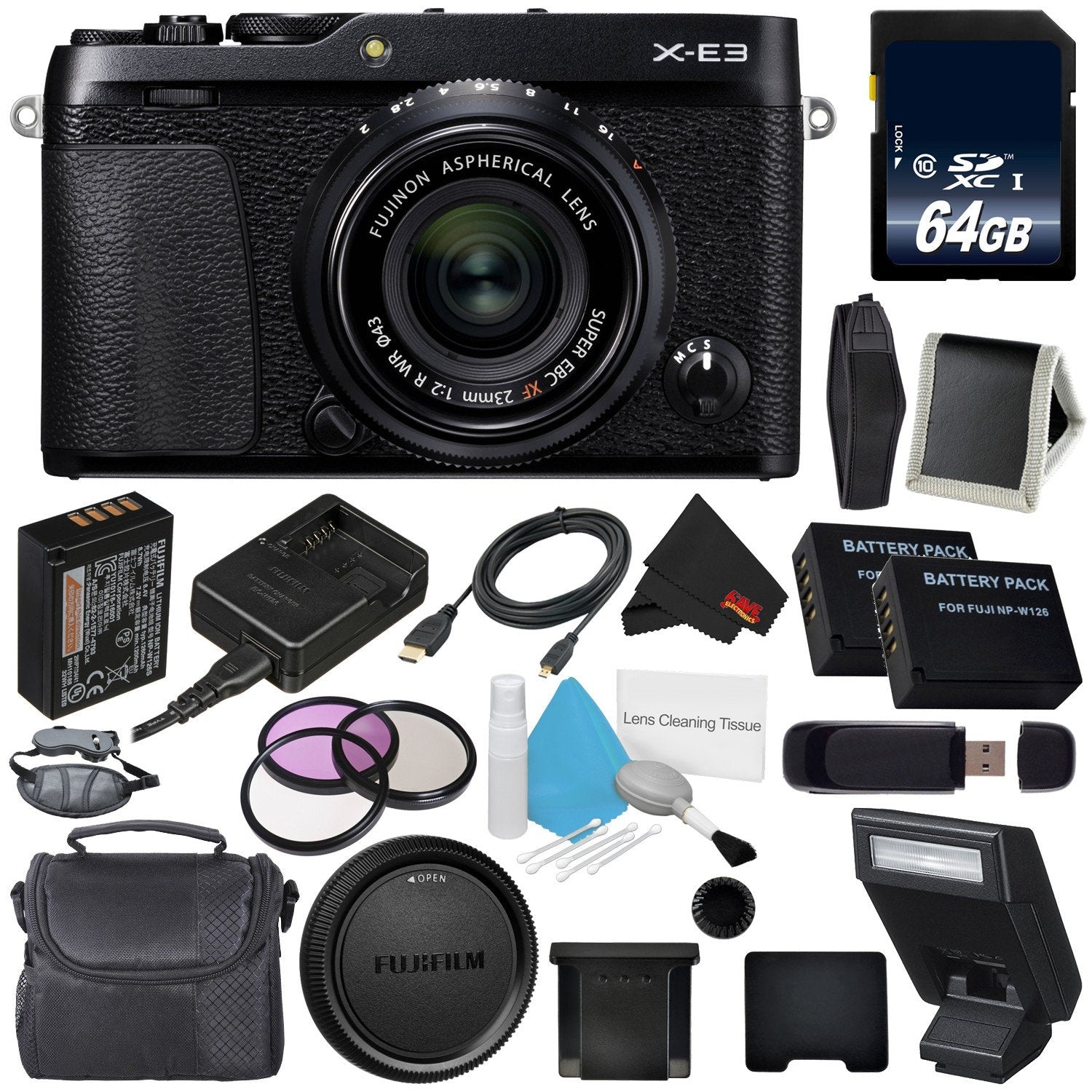 Fujifilm X-E3 Mirrorless Digital Camera 23mm f/2 Lens (Black) #16559053 (International Version) + Extra Battery + 64GB M