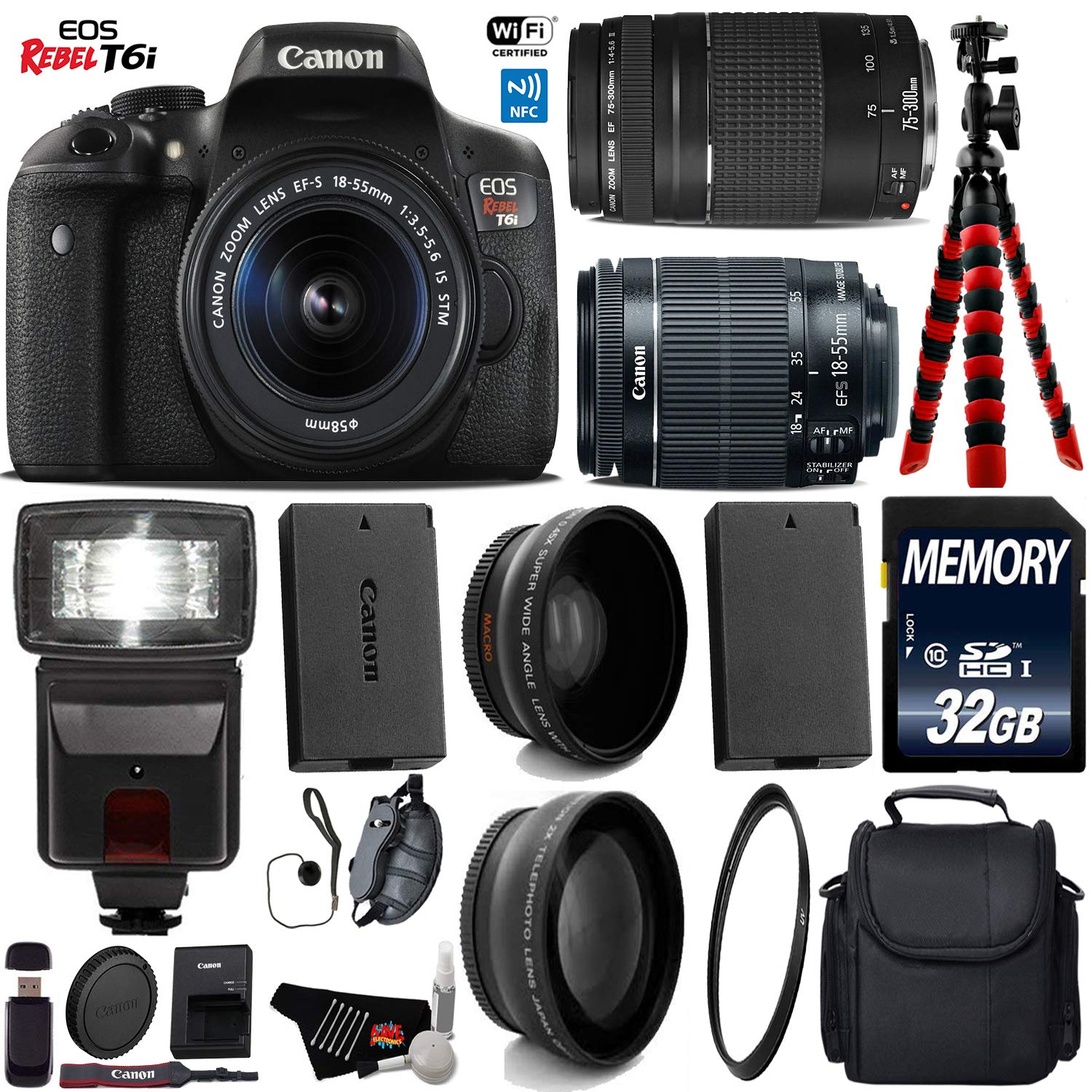 Canon EOS Rebel T6i DSLR Camera 18-55mm is STM Lens & 75-300mm III Lens + Flash + UV FLD CPL Filter Kit + Wide Angle & T