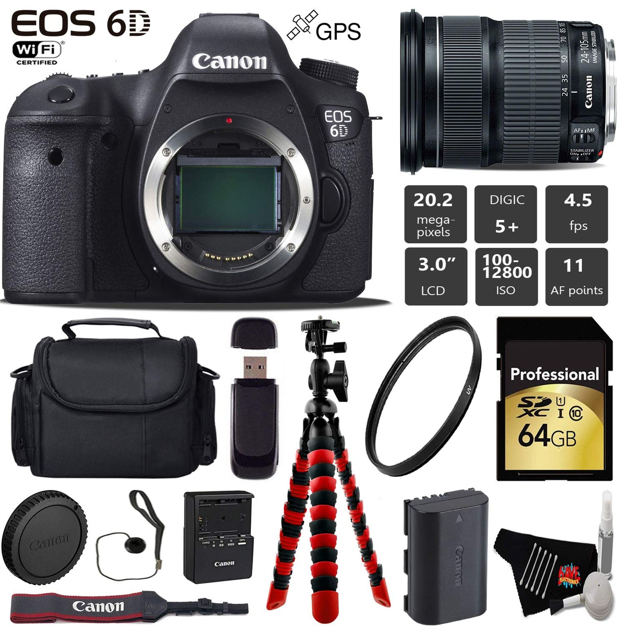 Canon EOS 6D DSLR Camera with 24-105mm is STM Lens + Wireless Remote + UV Protection Filter + Case + Wrist Strap + Tripo Canon
