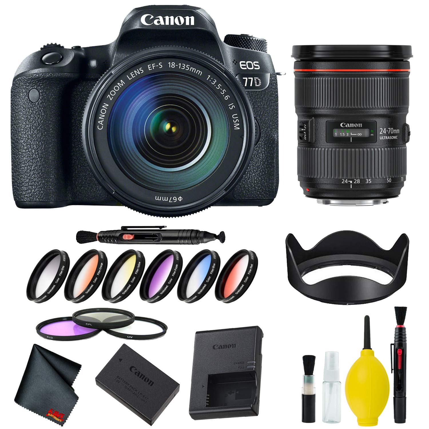 Canon EOS 77D DSLR Camera with 18-135mm USM Lens Complete Filter Kit w/Bonus 24-70mm Lens