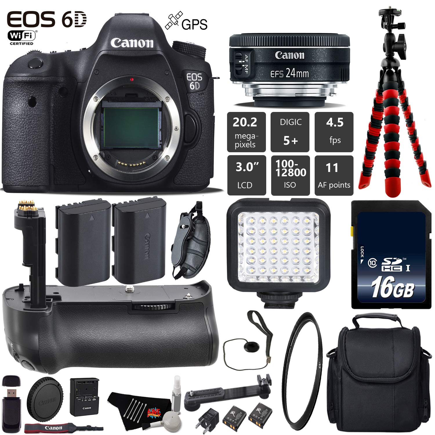 Canon EOS 6D DSLR Camera with 24mm f/2.8 STM Lens + Professional Battery Grip + UV Protection Filter + LED Kit + Extra B