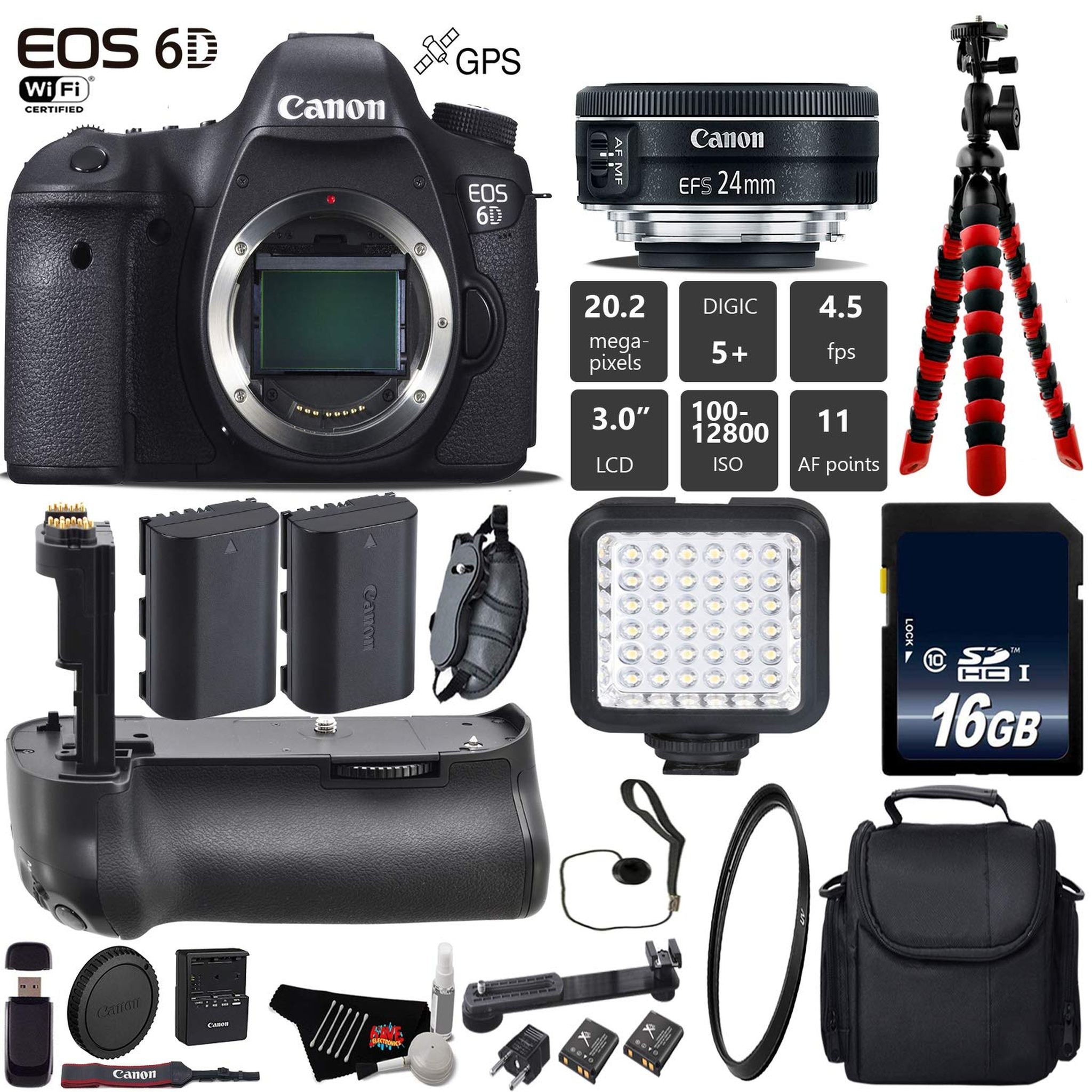 Canon EOS 6D DSLR Camera with 24mm f/2.8 STM Lens + Professional Battery Grip + UV Protection Filter + LED Kit + Extra B Canon