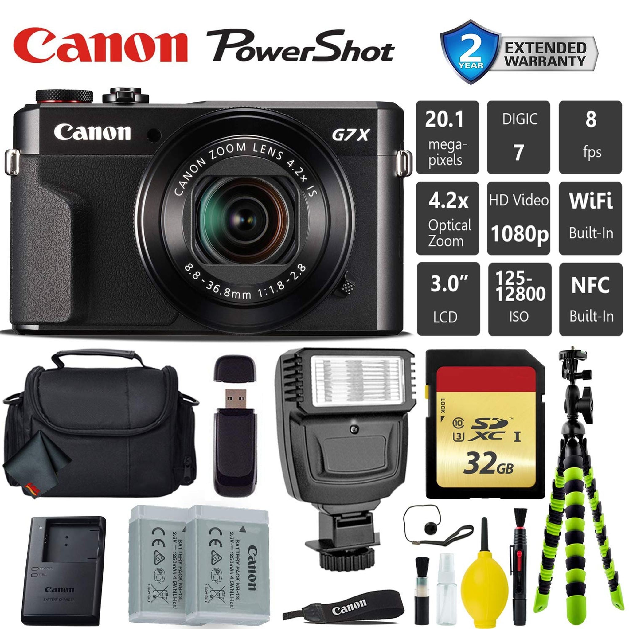 Canon PowerShot G7 X Mark II Point and Shoot Digital Camera + Extra Battery + Digital Flash + Camera Case + 32GB Class 1 Card Base Starter Bundle