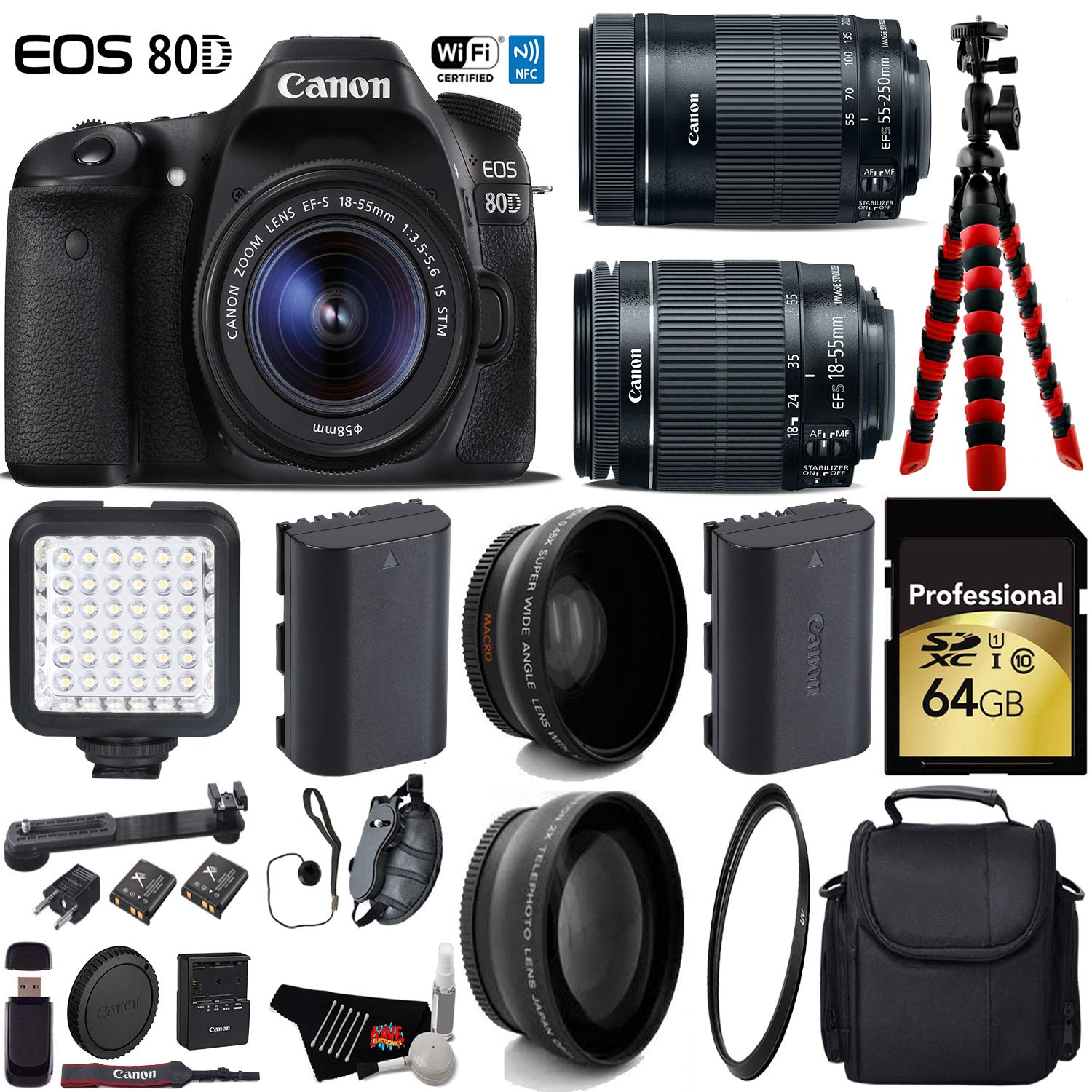 Canon EOS 80D DSLR Camera with 18-55mm is STM Lens & 55-250mm is STM Lens + LED + UV FLD CPL Filter Kit + Wide Angle & T
