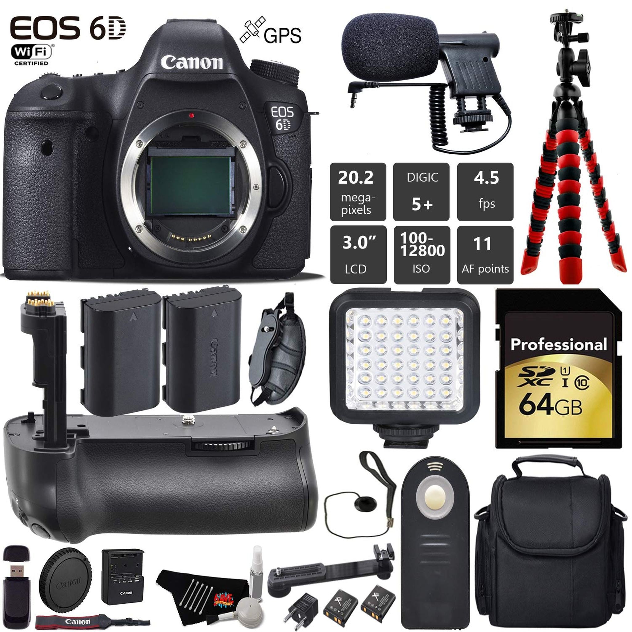Canon EOS 6D DSLR Camera Body Only + Professional Battery Grip + Condenser Microphone + LED Kit + Extra Battery + Case Canon