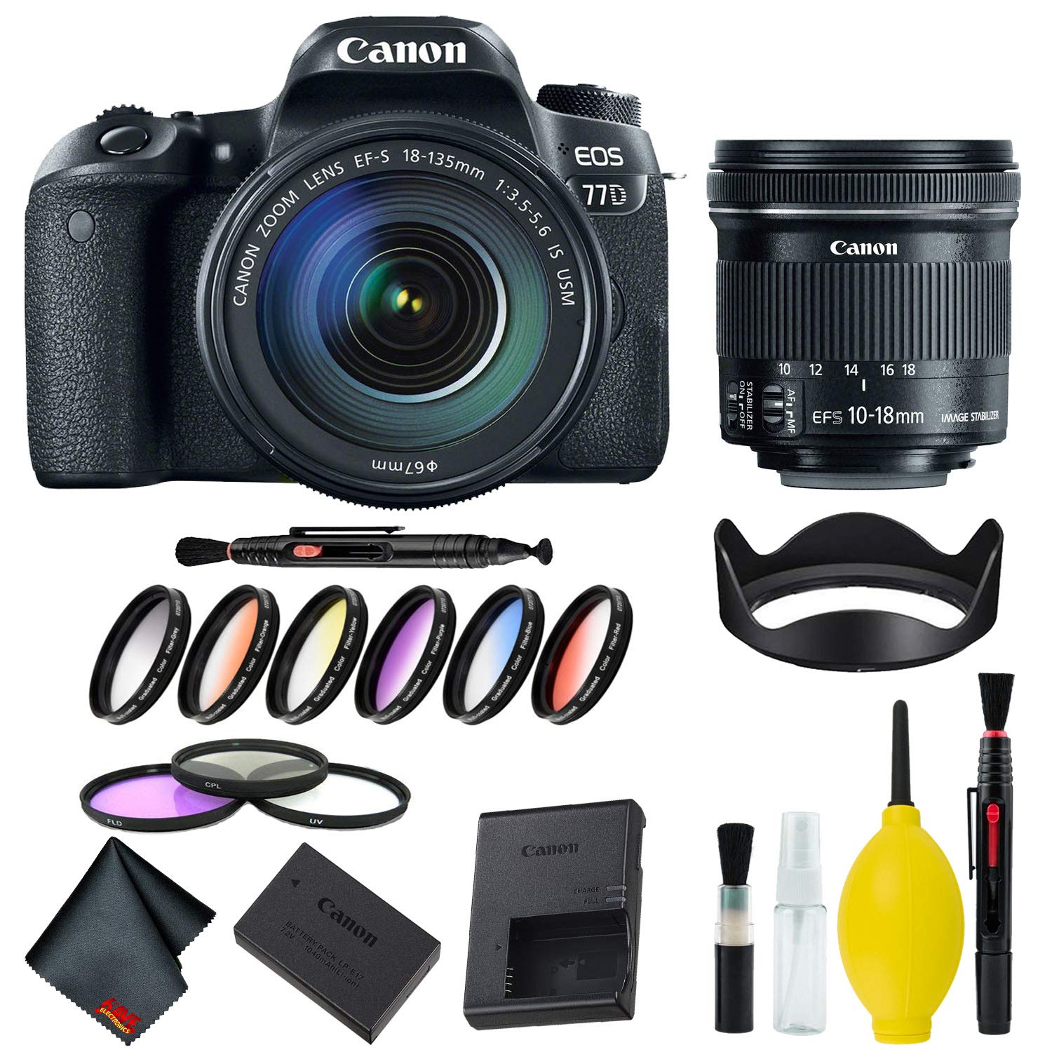 Canon EOS 77D DSLR Camera with 18-135mm USM Lens Complete Filter Kit w/Bonus 10-18mm Lens