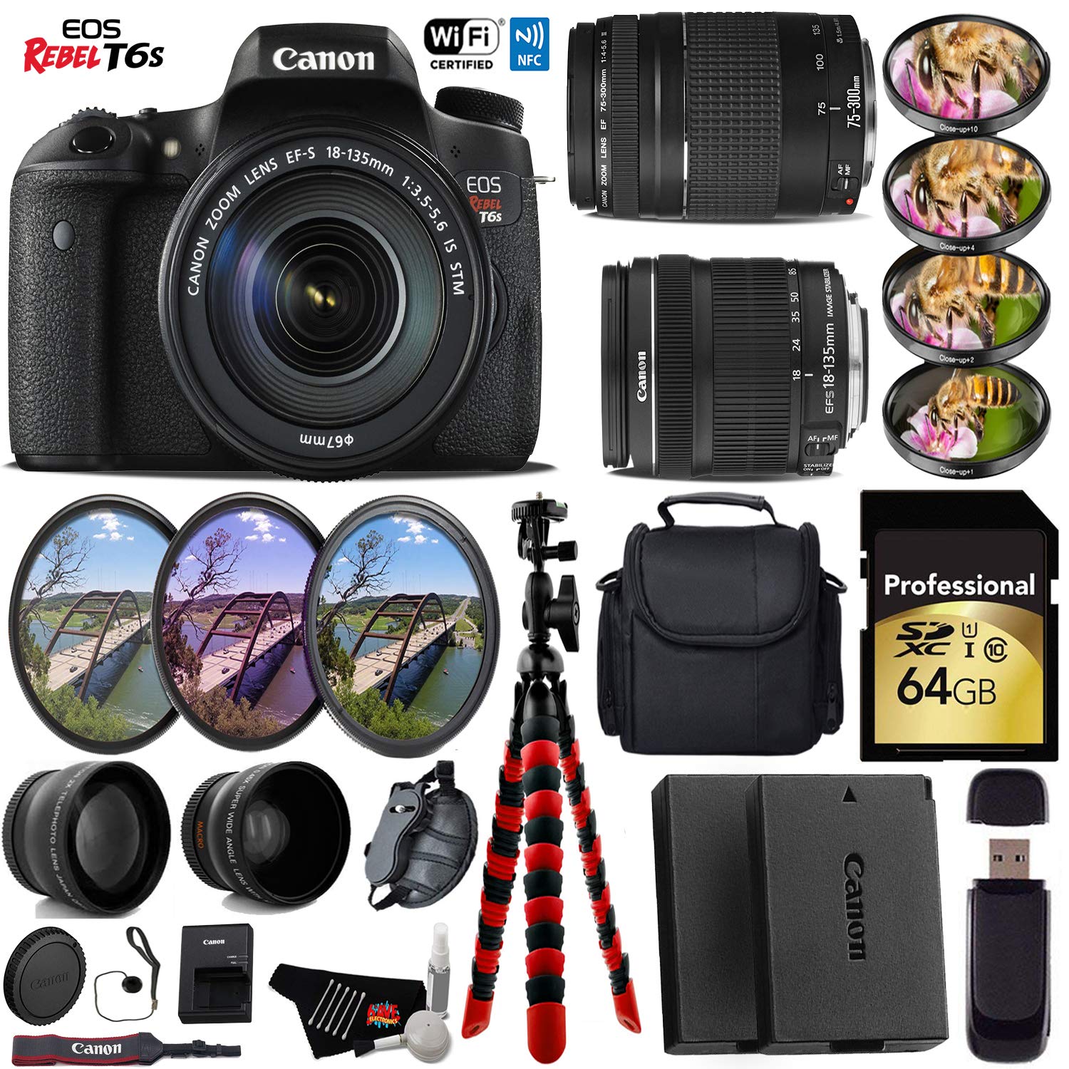 Canon EOS Rebel T6S DSLR Camera & 18-135mm is STM Lens & 75-300mm III Lens + UV FLD CPL Filter Kit + 4 PC Macro Kit Advanced Bundle