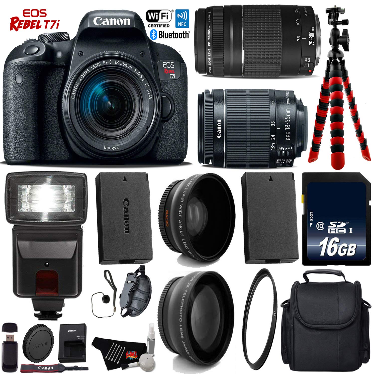 Canon EOS Rebel T7i DSLR Camera + 18-55mm Lens & 75-300mm Lens 16GB Bundle