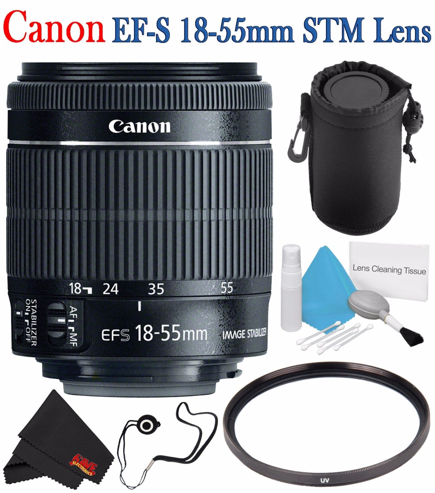 Canon EF-S 18-55mm f/3.5-5.6 IS STM Lens 8114B002 + 58mm UV Filter + Lens Cap Keeper + Deluxe 3pc Lens Cleaning Kit Bundle