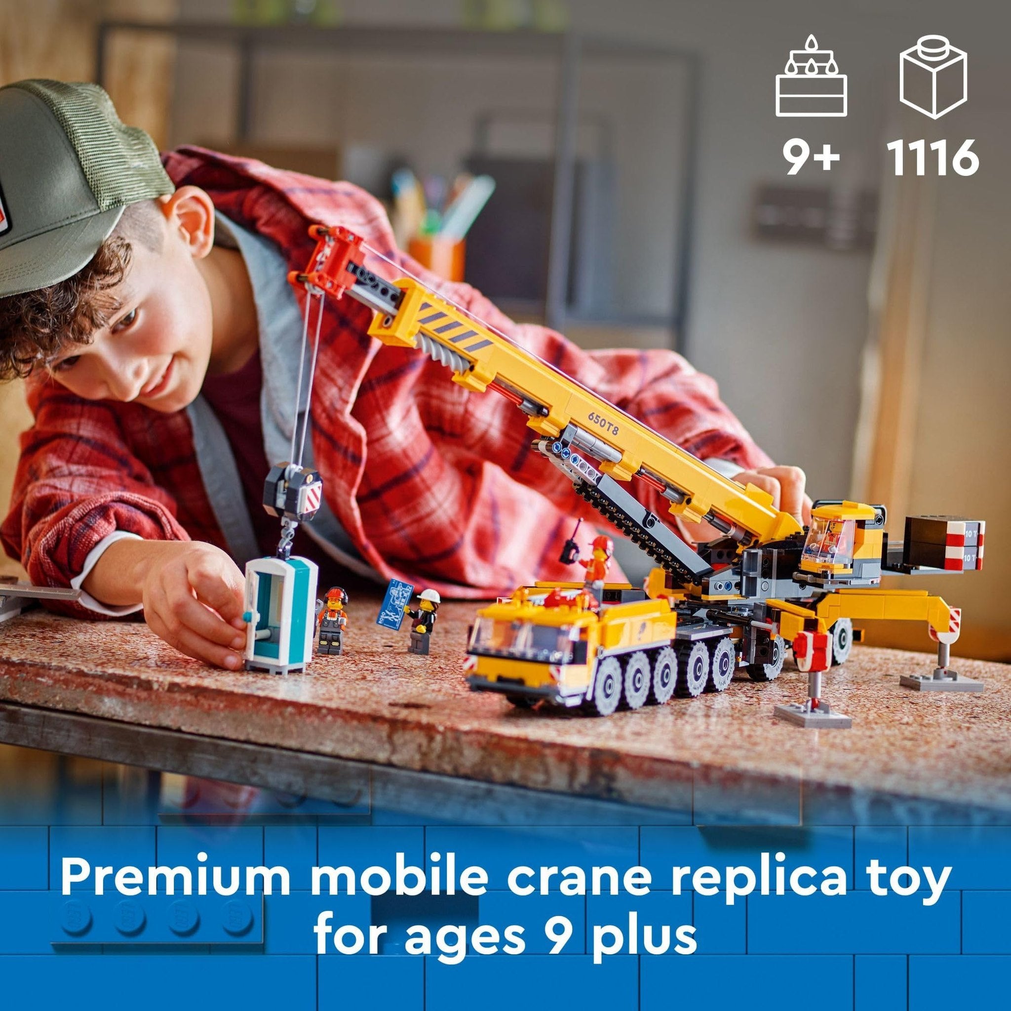 LEGO City Yellow Mobile Construction Crane Toy Set for Boys and Girls, Long Extendable Boom and 4 Worker Minifigures Included for Imaginative Role Play, Construction Toy Birthday Gift for Kids, 60409