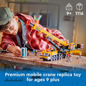 LEGO City Yellow Mobile Construction Crane Toy Set for Boys and Girls, Long Extendable Boom and 4 Worker Minifigures Included for Imaginative Role Play, Construction Toy Birthday Gift for Kids, 60409