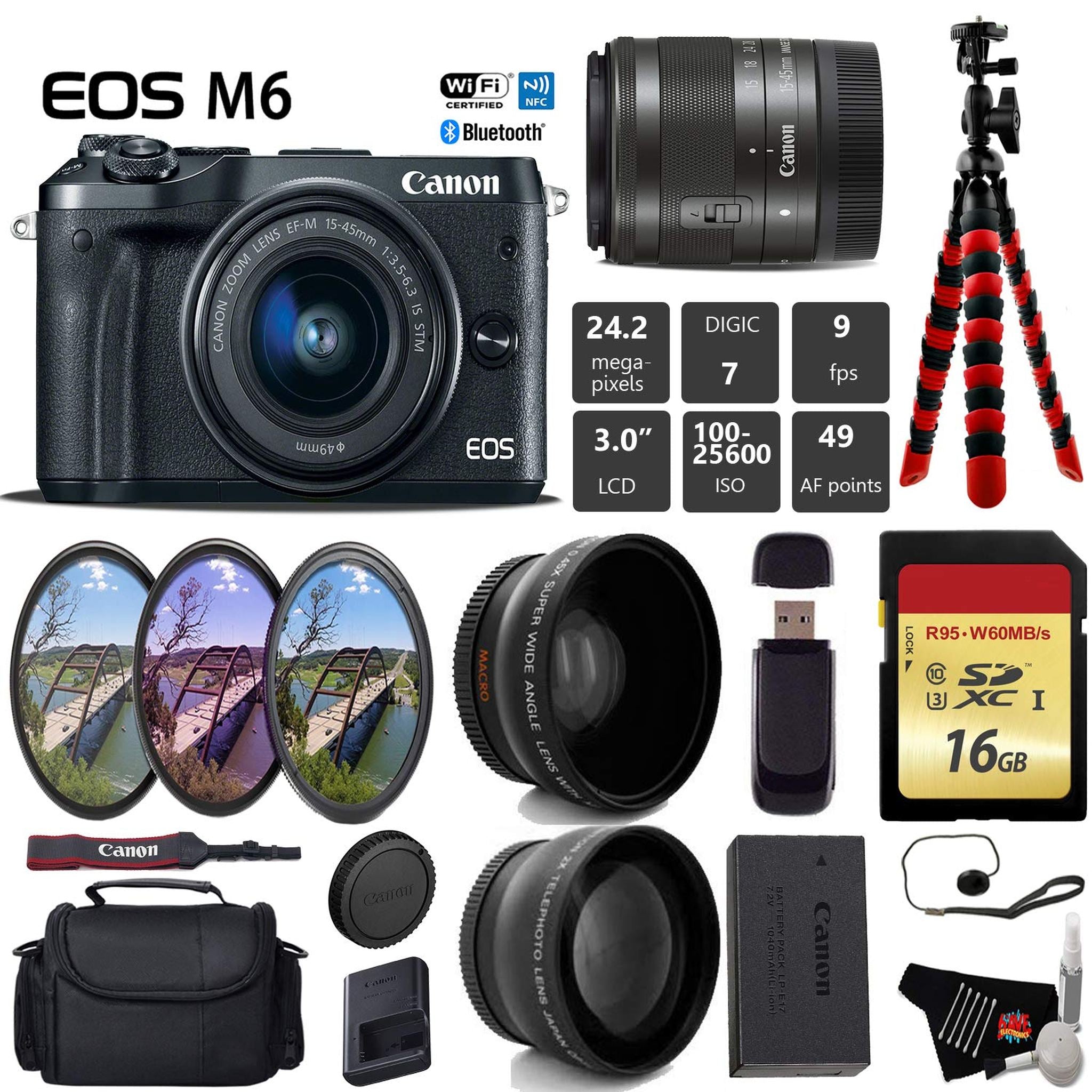 Canon EOS M6 Mirrorless Digital Camera with EF-M 15-45mm is STM Lens + UV FLD CPL Filter Kit + Wide Angle & Telephoto Le Canon