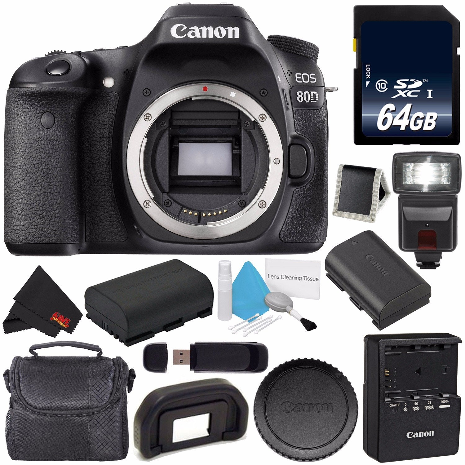 Canon EOS 80D DSLR Camera (Body Only) 1263C004 (International Version) + 64GB Memory Card + LP-E17 Replacement Lithium I