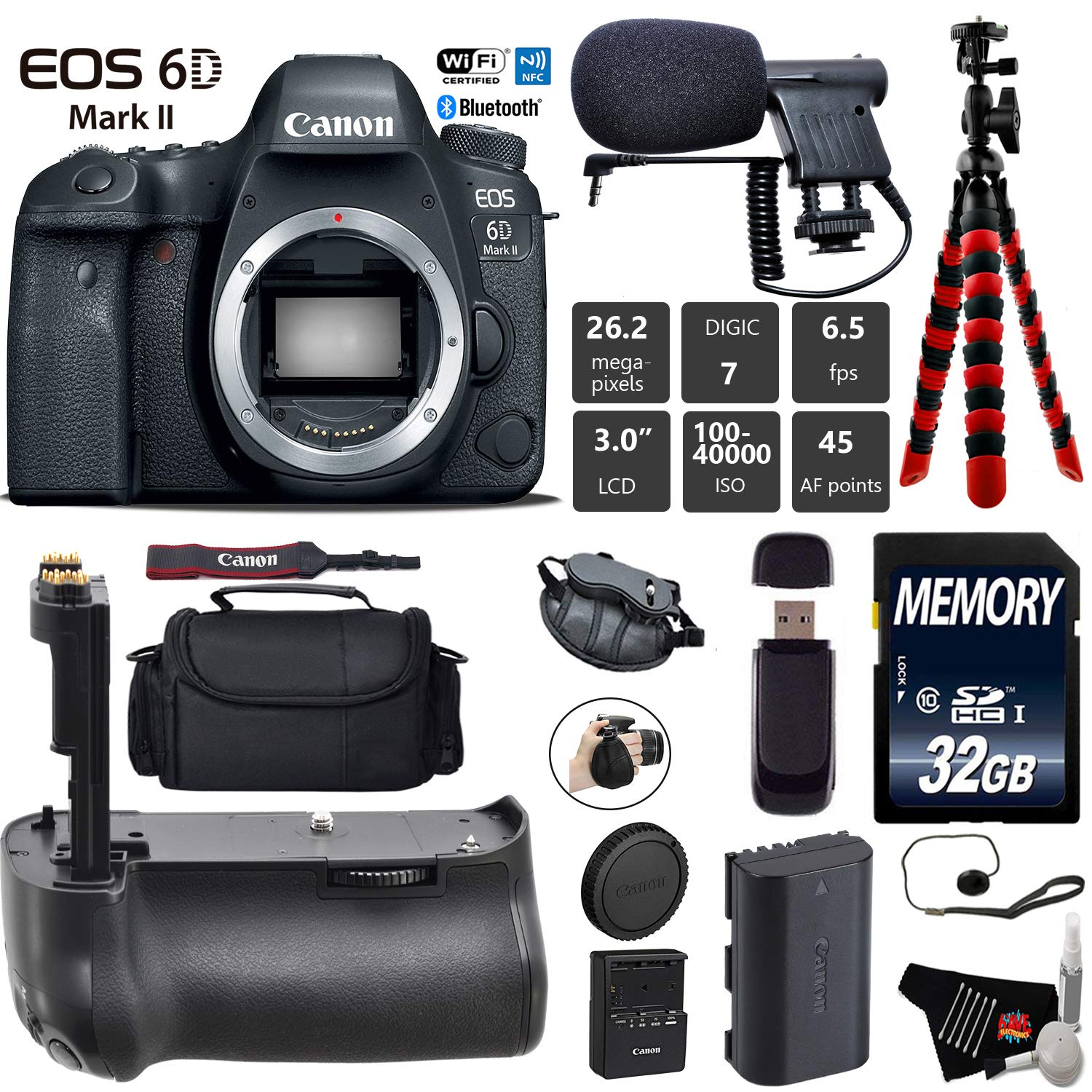 Canon EOS 6D Mark II DSLR Camera Body Only + Professional Battery Grip + Condenser Microphone + Case + Wrist Strap Starter Bundle Canon