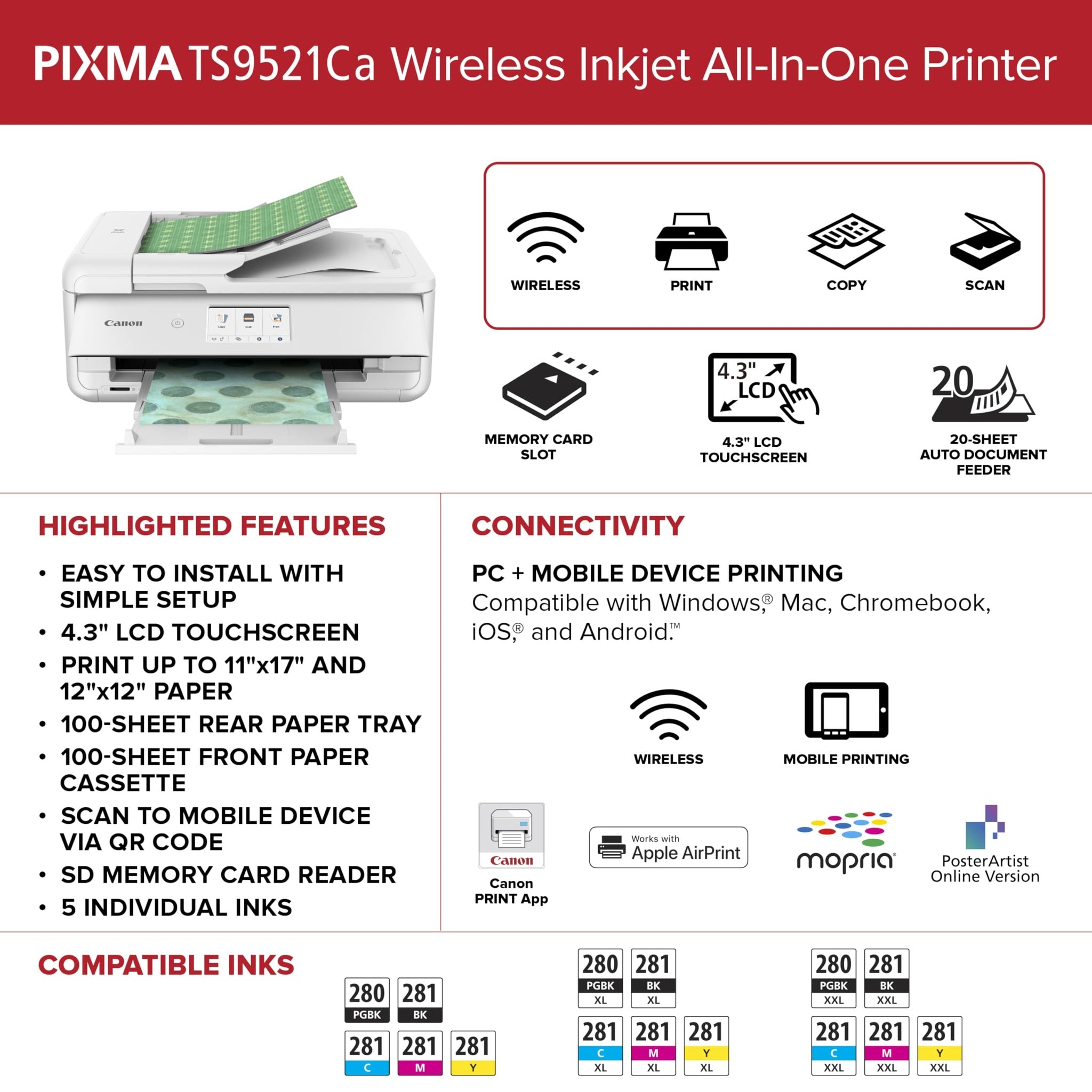 Canon PIXMA TS9521Ca - Wireless Home All-in-One Inkjet Printer