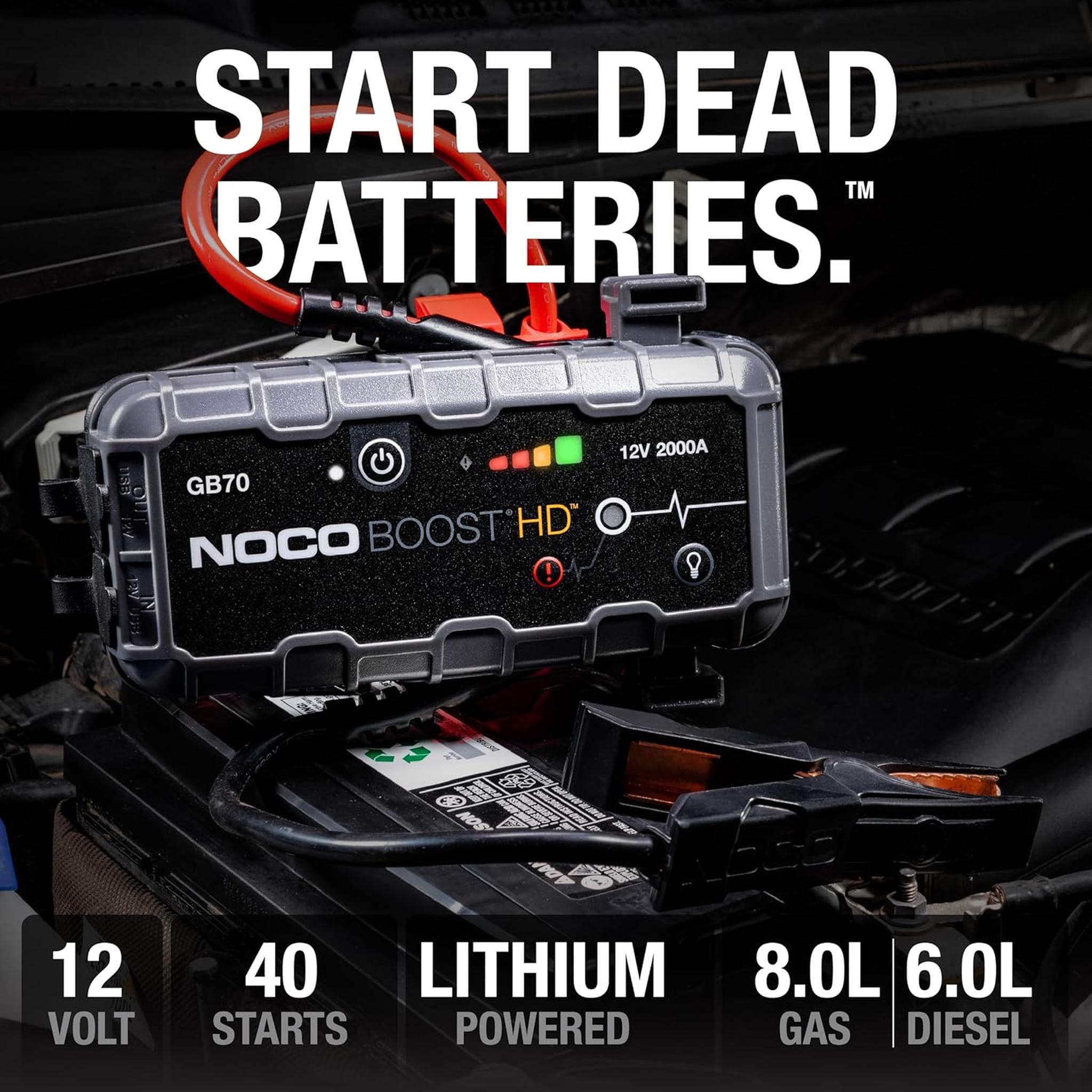 NOCO Boost HD GB70 2000A UltraSafe Car Battery Jump Starter, 12V Battery Booster Pack, Jump Box, Portable Charger and Jumper Cables for 8.0L Gasoline and 6.0L Diesel Engines NOCO