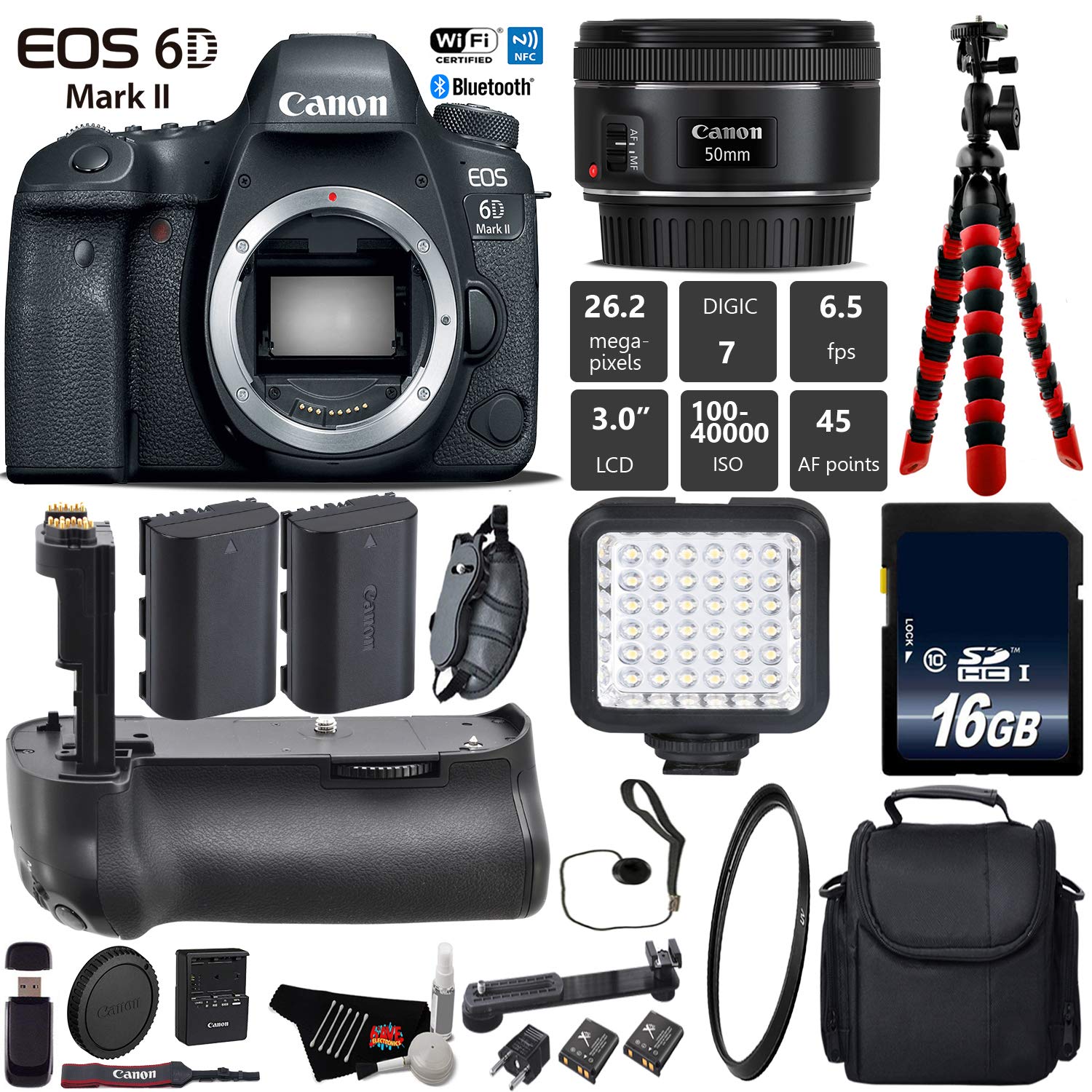 Canon EOS 6D Mark II DSLR Camera With 50mm 1.8 STM Lens + Professional Battery Grip + UV Protection Filter + LED Kit Base Bundle