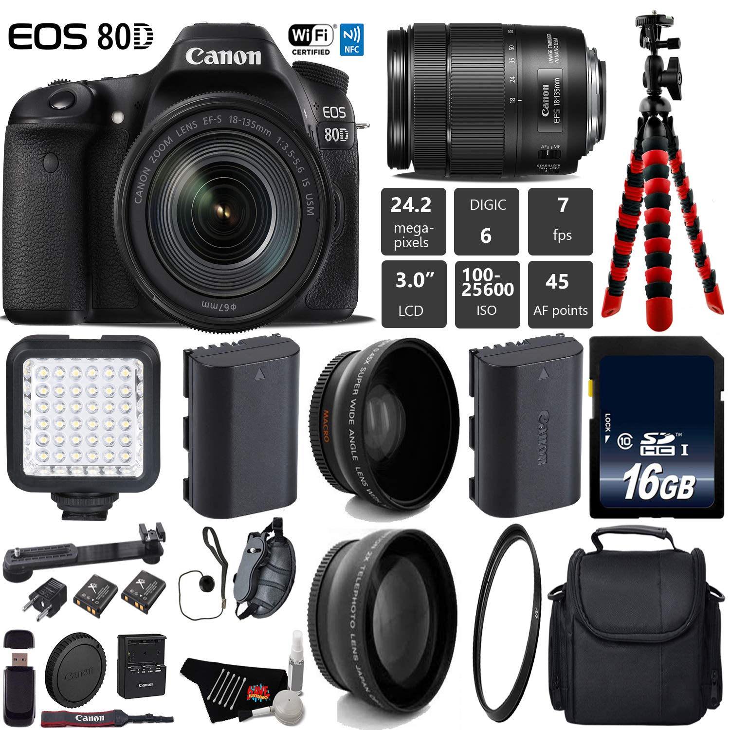 Canon EOS 80D DSLR Camera with 18-135mm is STM Lens + LED + UV FLD CPL Filter Kit + Wide Angle & Telephoto Lens + Camera Base Bundle