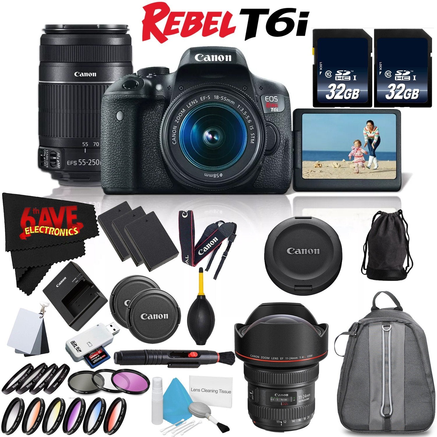 6Ave Canon EOS Rebel T6i DSLR Camera 18-55mm Lens, 55-250mm Lens 11-24mm - 3 Lens Combo International Version