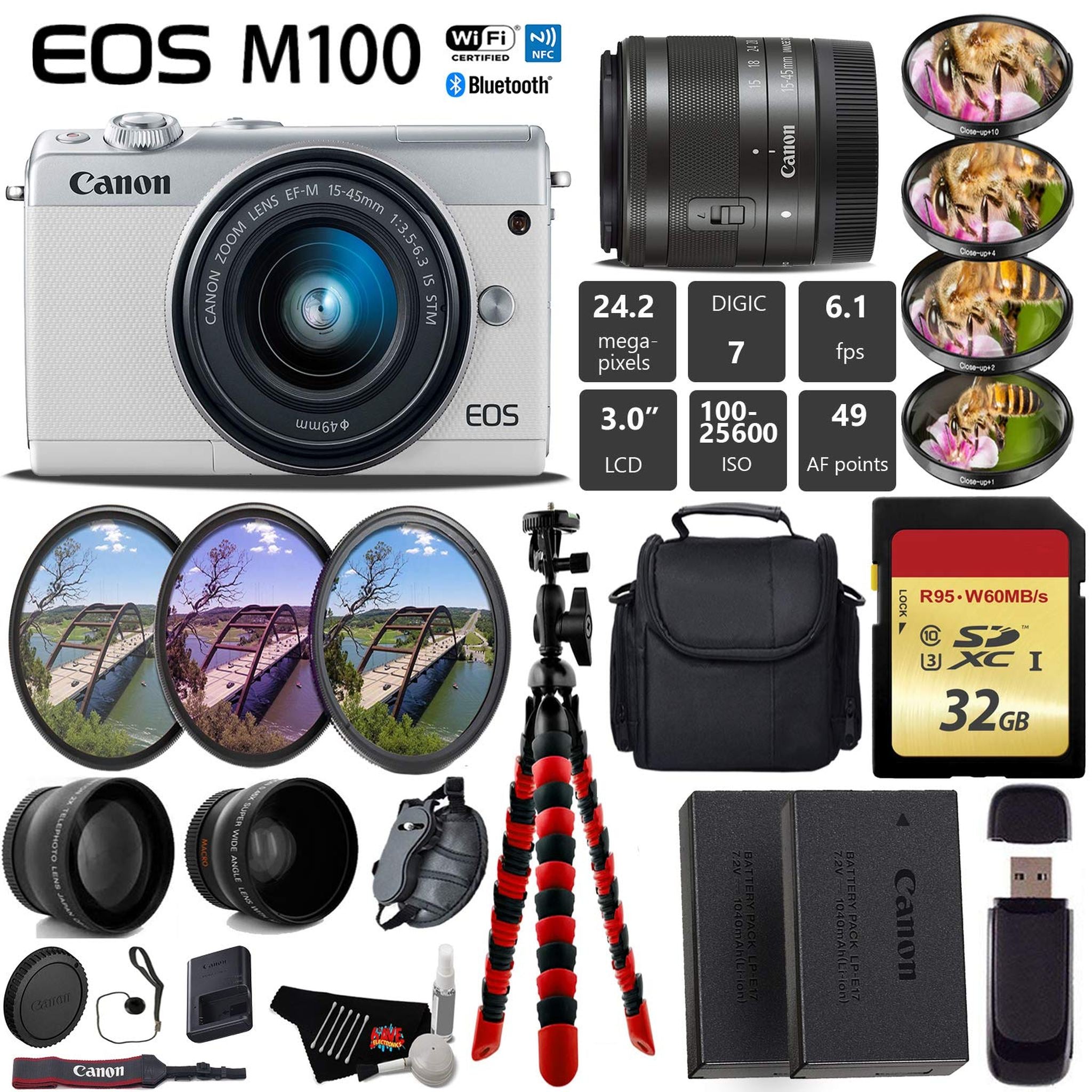 Canon EOS M100 Mirrorless Digital Camera White with 15-45mm Lens Wide Angle Lens Bundle