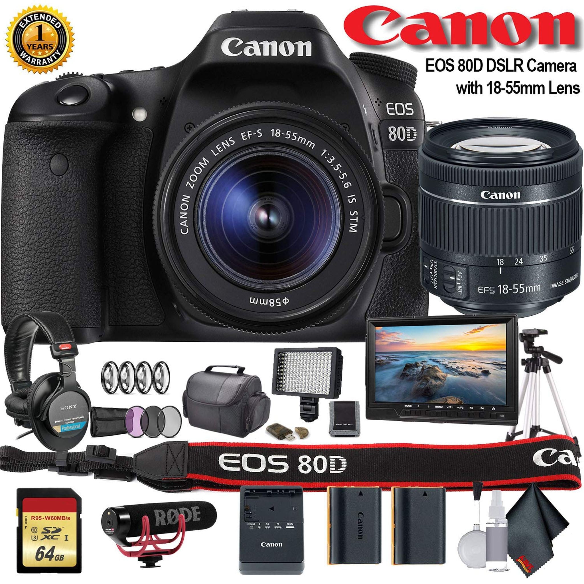 Canon EOS 80D DSLR Camera with 18-55mm Lens International Model 1263C005 W/Bag, Extra Battery, LED Light, Mic, Filte - Reconditioned Canon