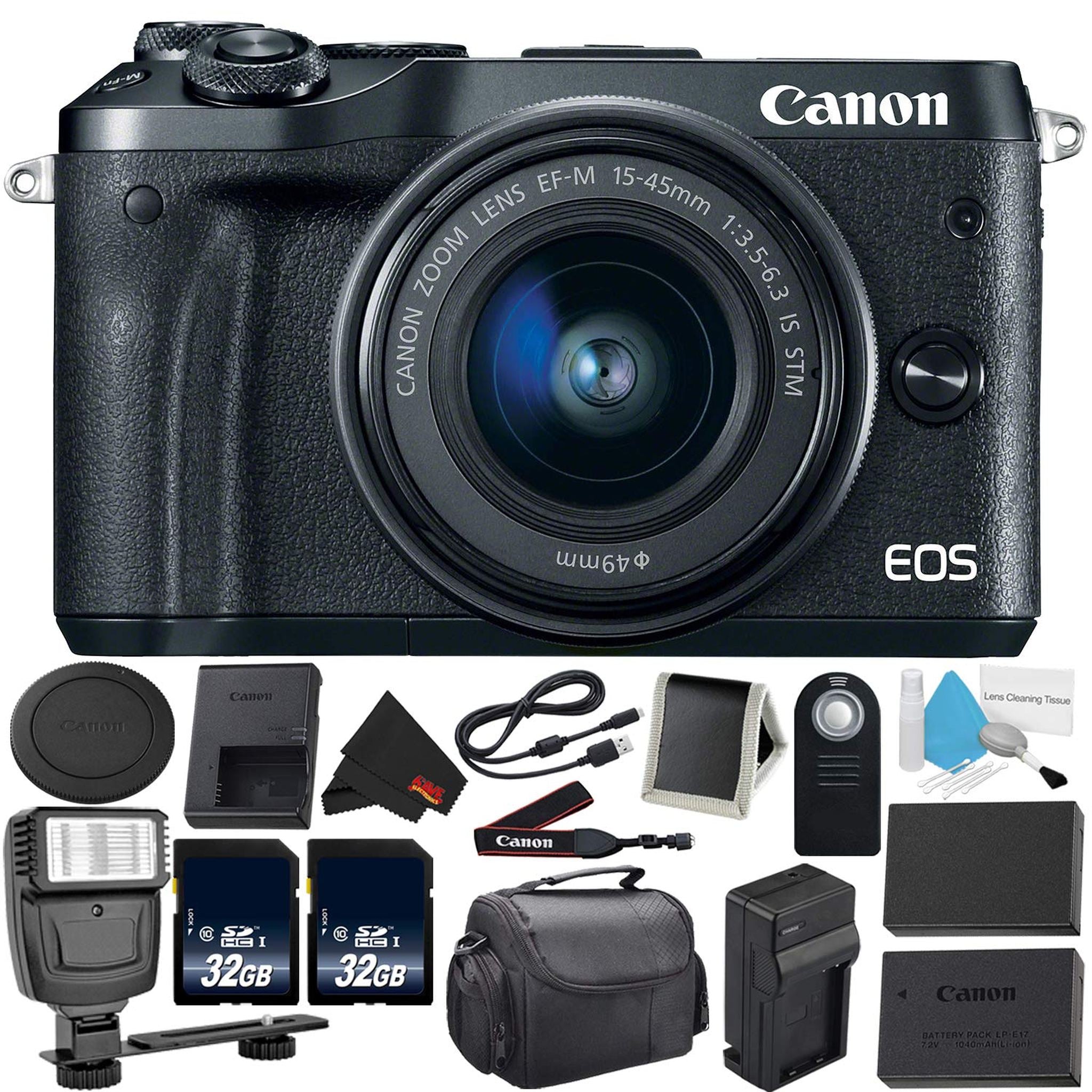 Canon EOS M6 Mirrorless Digital Camera with 15-45mm f/3.5-6.3 is STM Lens Kit- Bundle with 32GB Memory Cards + Remote+ E Canon