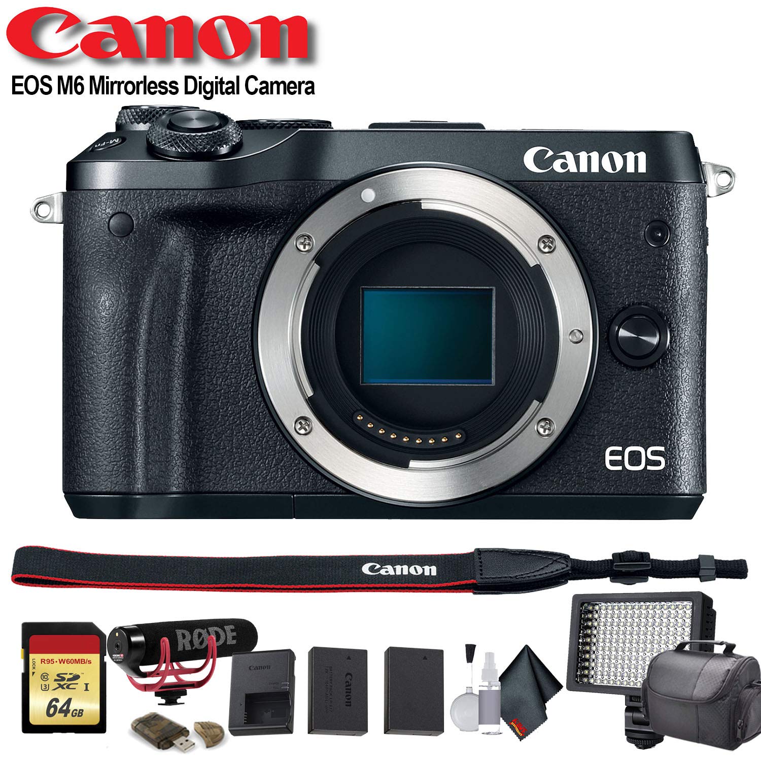 Canon EOS M6 Mirrorless Digital Camera (International Model) (Black) (1724C001) W/Bag, Extra Battery, LED Light, Mic, Fi