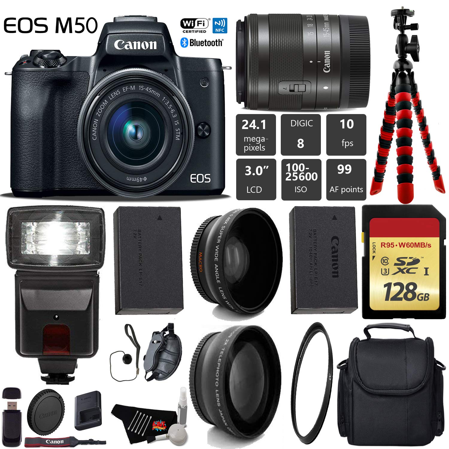 Canon EOS M50 Mirrorless Digital Camera with 15-45mm Lens + Flash + UV FLD CPL Filter Kit + Wide Angle & Telephoto Lens