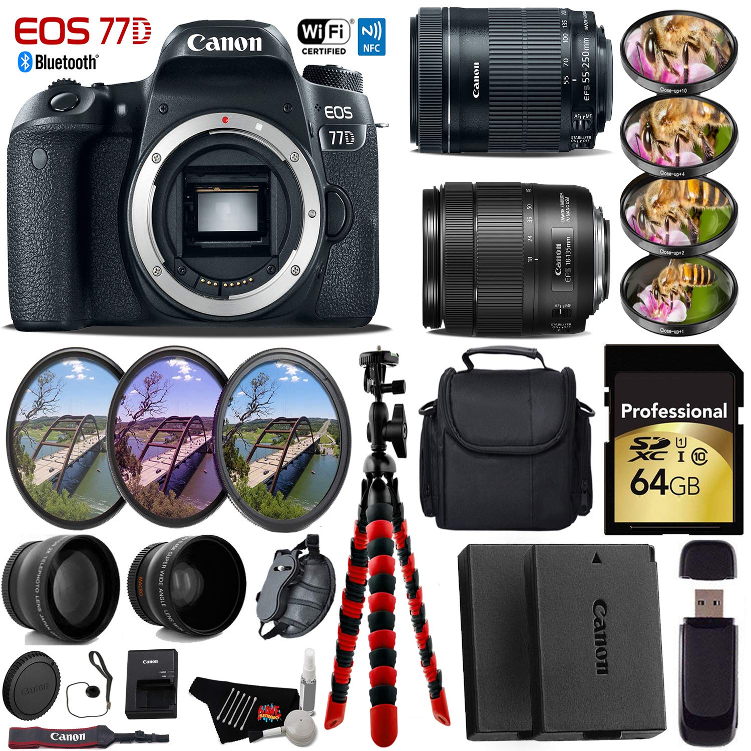 Canon EOS 77D DSLR Camera + 18-135mm USM Lens& 55-250mm is USM Lens + UV FLD CPL Filter Kit + 4 PC Macro Kit + Wide Angl