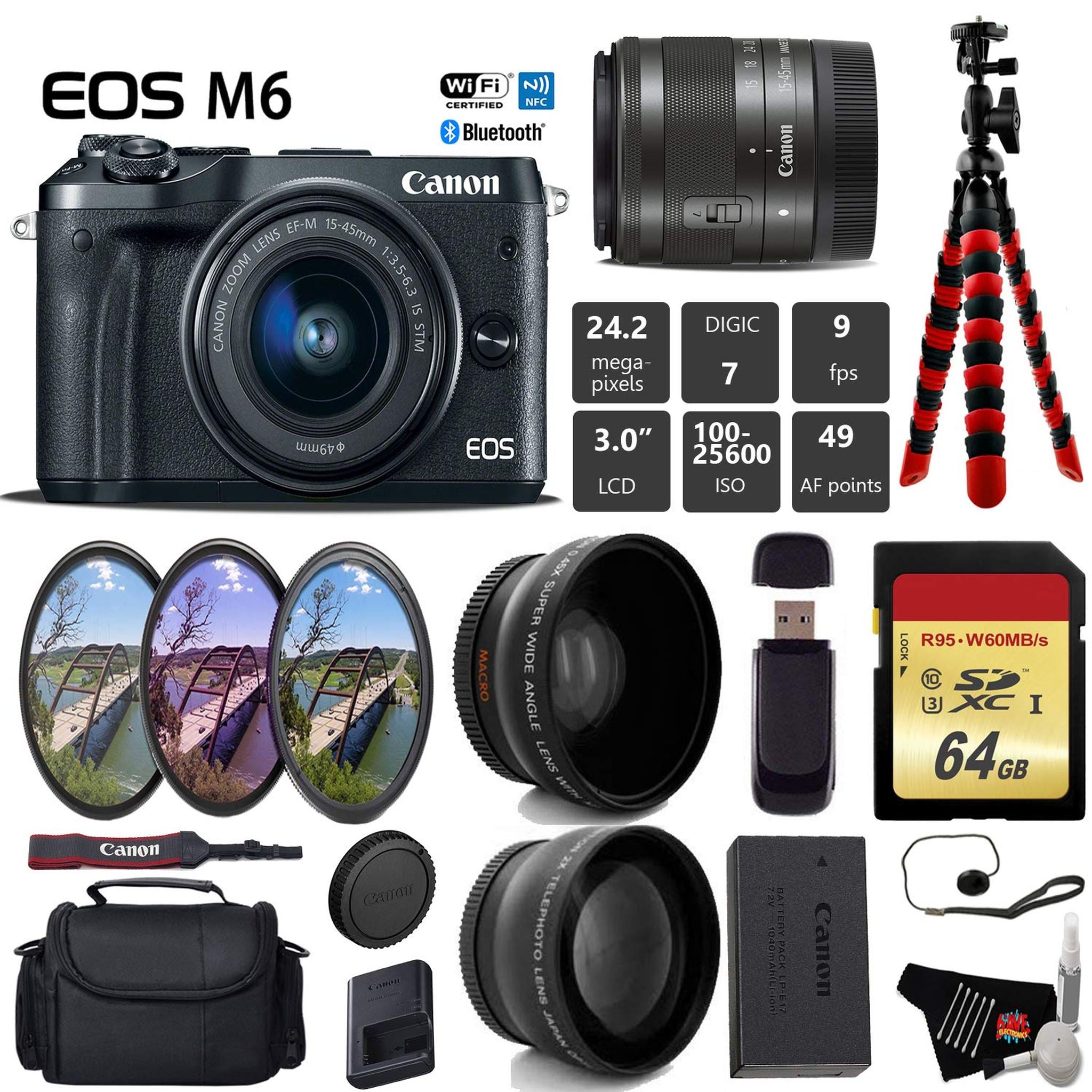 Canon EOS M6 Mirrorless Digital Camera with EF-M 15-45mm is STM Lens + UV FLD CPL Filter Kit + Wide Angle & Telephoto Le Canon