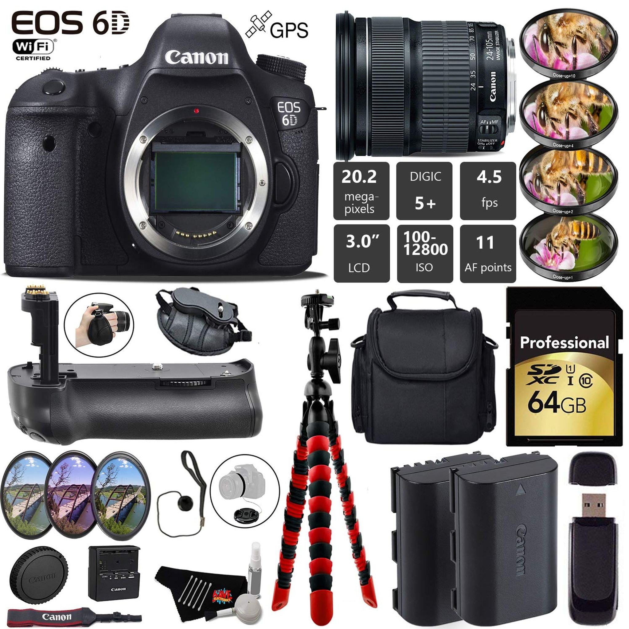Canon EOS 6D DSLR Camera with 24-105mm is STM Lens + Professional Battery Grip + 4PC Macro Filter Kit + LED Kit + Extra Canon