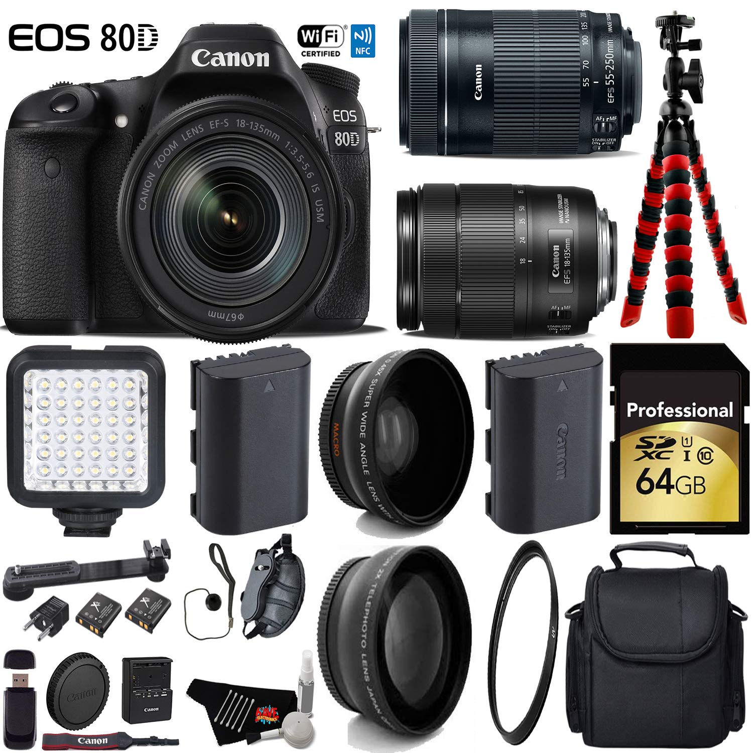 Canon EOS 80D DSLR Camera with 18-135mm STM Lens & 55-250mm is STM Lens + LED + UV FLD CPL Filter Kit Ultimate Bundle