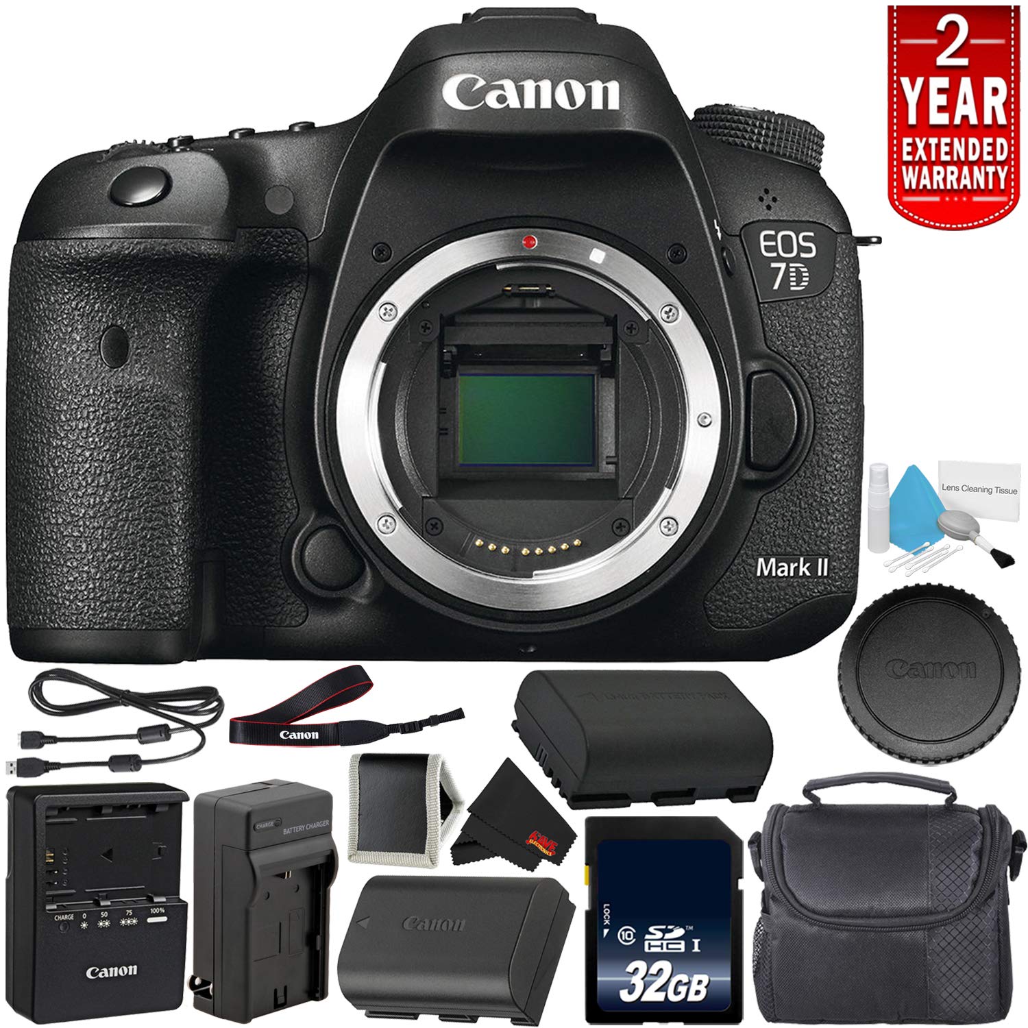Canon EOS 7D Mark II Digital SLR Camera 9128B002 (Body Only) International Model - Bundle with 32GB Memory Card Deluxe Bundle