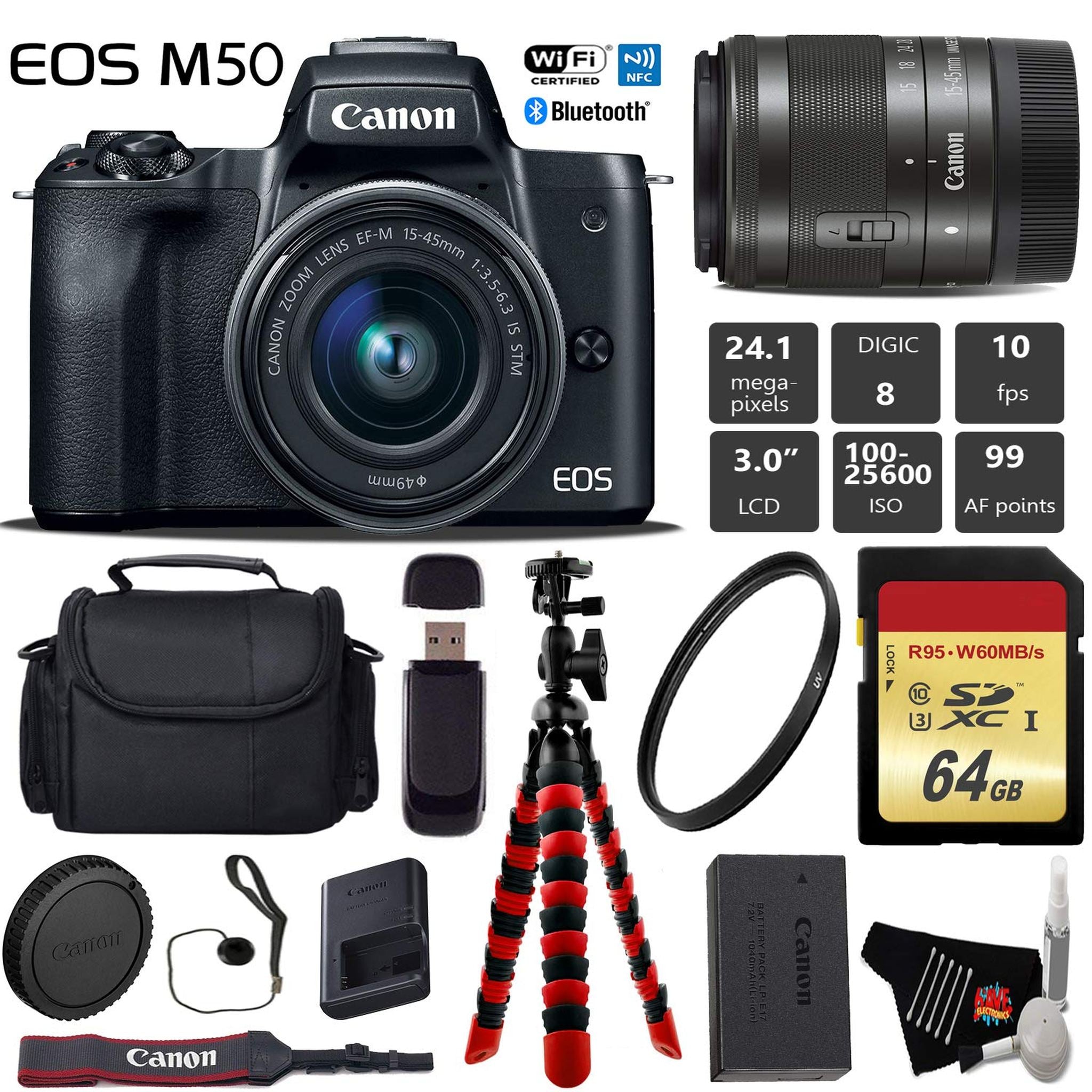 Canon EOS M50 Mirrorless Digital Camera with 15-45mm Lens + Flexible Tripod + UV Protection Filter + Professional Case + Canon