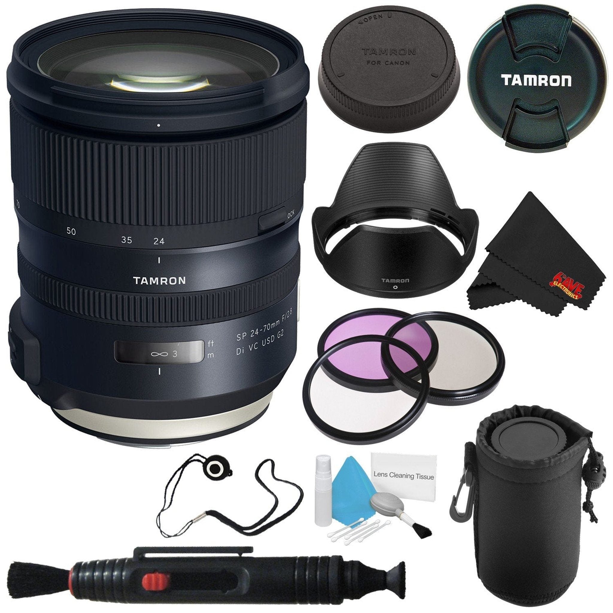 6Ave Tamron SP 24-70mm f/2.8 Di VC USD G2 Lens Canon EF International Model + 82mm 3 Piece Filter Kit + Deluxe Lens Po Tamron
