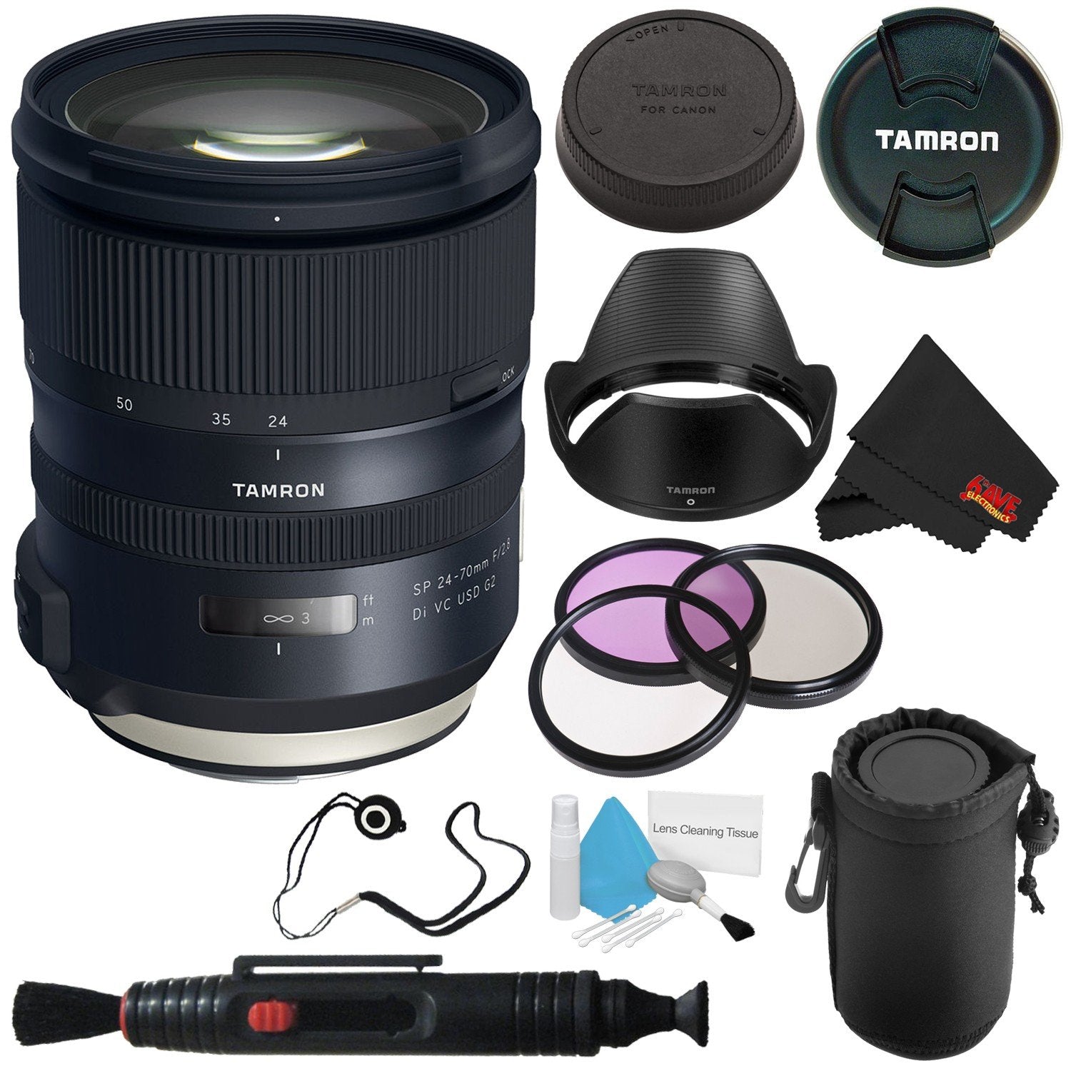 6Ave Tamron SP 24-70mm f/2.8 Di VC USD G2 Lens Canon EF (International Model) + 82mm 3 Piece Filter Kit + Deluxe Lens Po
